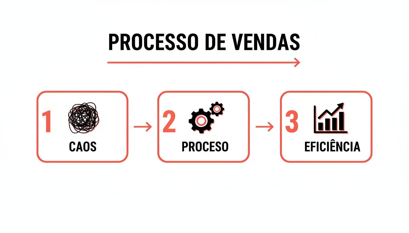 Imagem mostrando o processo de vendas em três etapas: caos, processo com engrenagens e eficiência com gráfico de barras crescente.