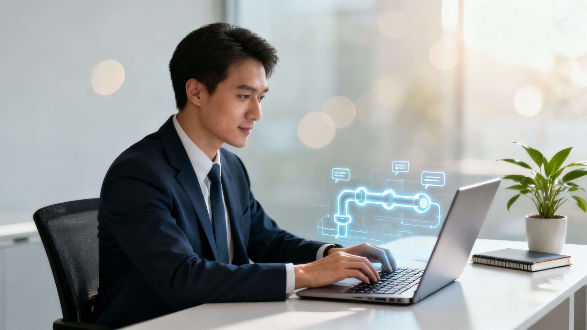 Empresário asiático focado trabalhando em seu laptop, com um gráfico de pipeline de processo de negócios digital flutuando sobre ele.