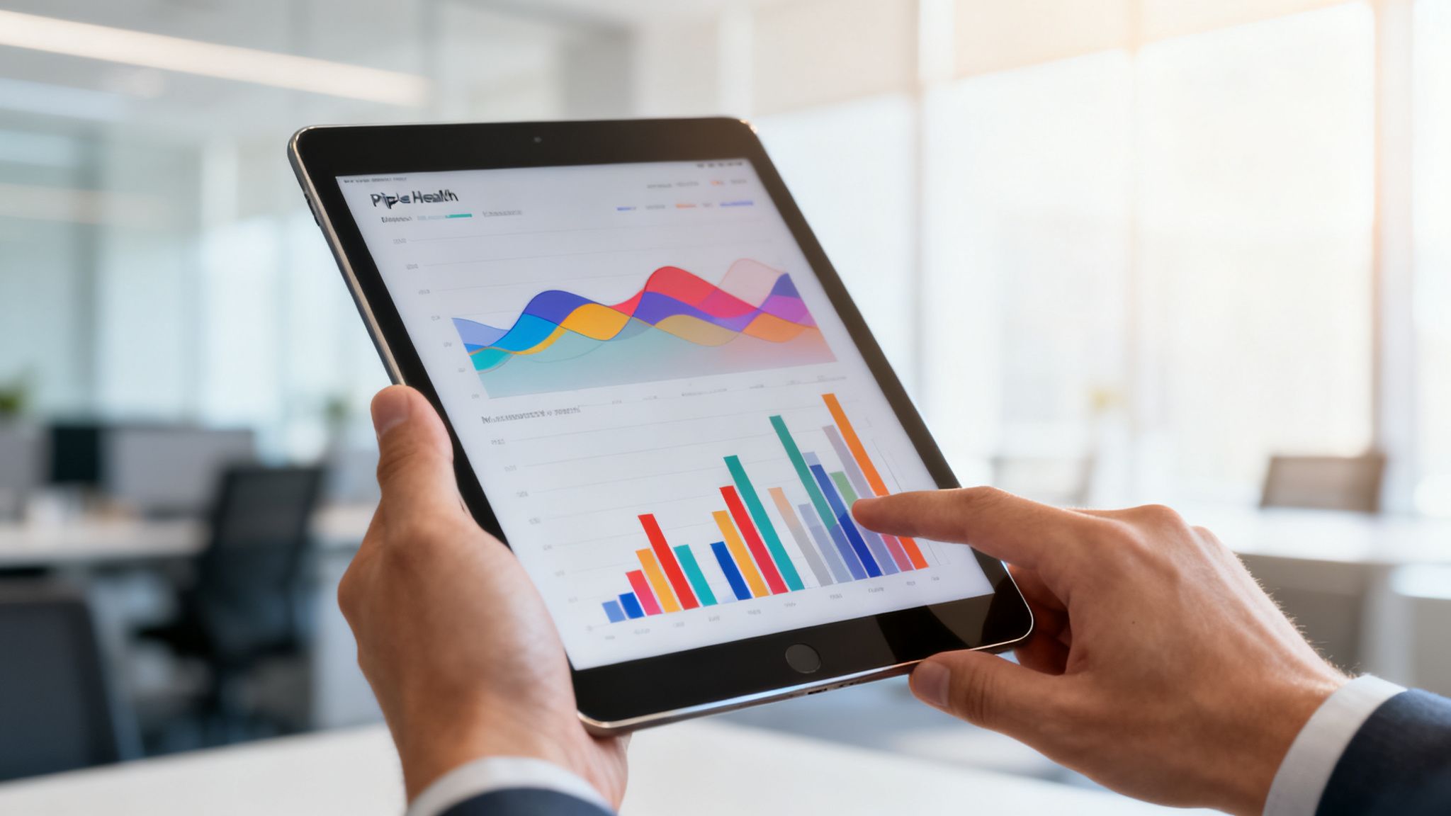 Uma pessoa em um escritório moderno segurando um tablet com gráficos e dados de pipeline de vendas.