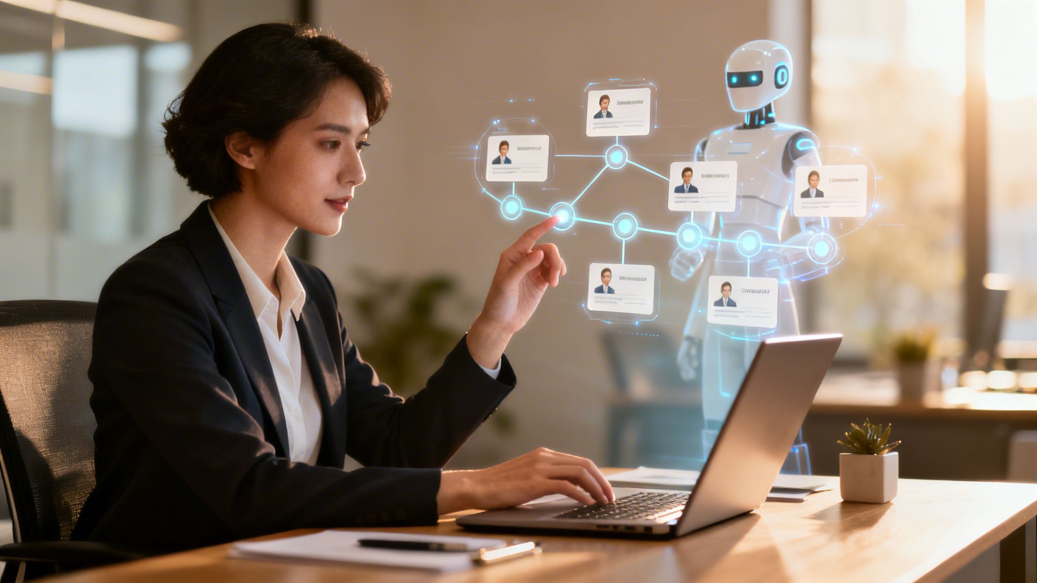 Jovem profissional usando inteligência artificial e robô para gerenciar rede de talentos em interface holográfica.