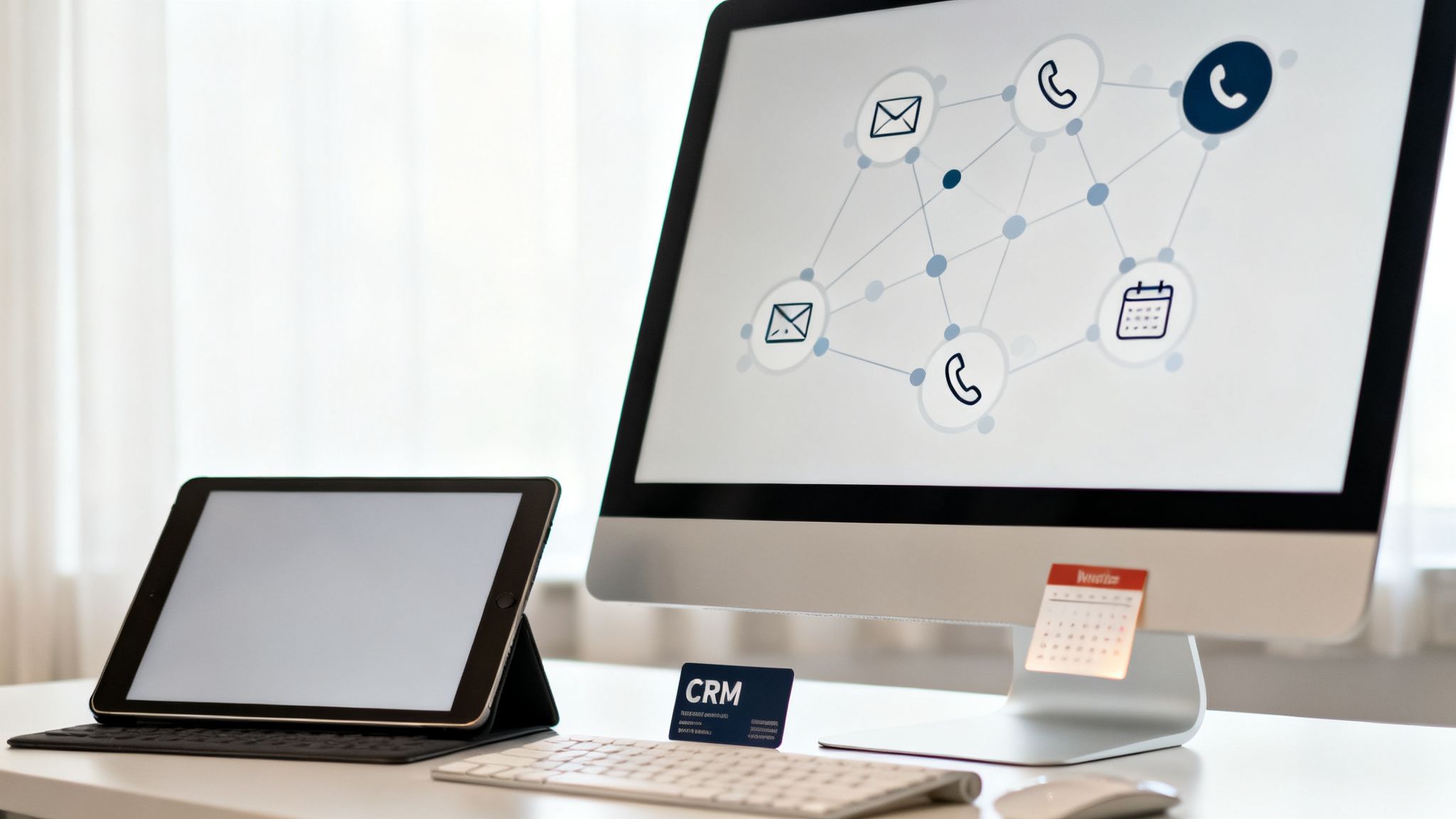 Mesa de escritório com computador exibindo rede de comunicação, tablet e cartão CRM, ideal para prospecção.