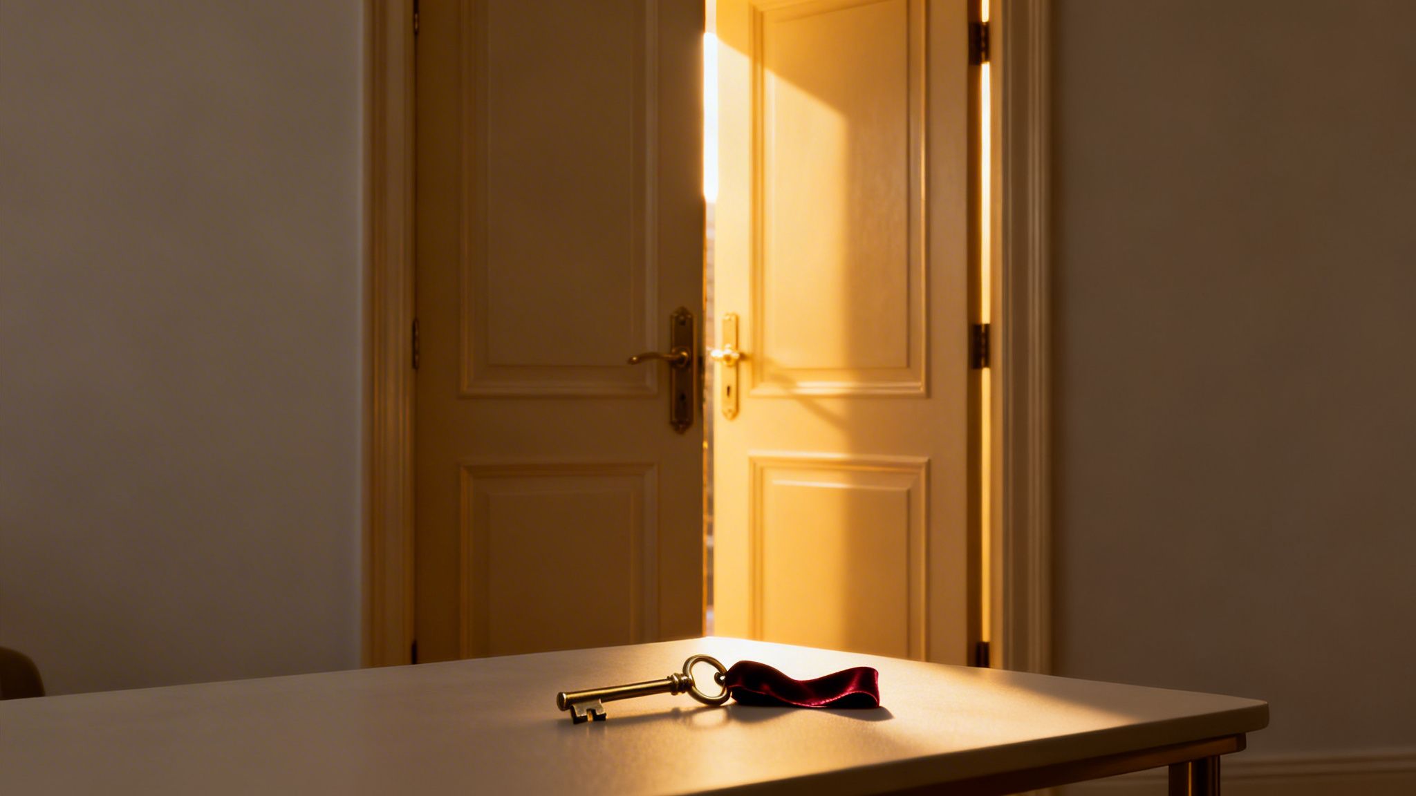 Chave dourada com fita vermelha sobre mesa, com luz solar entrando por uma porta aberta.