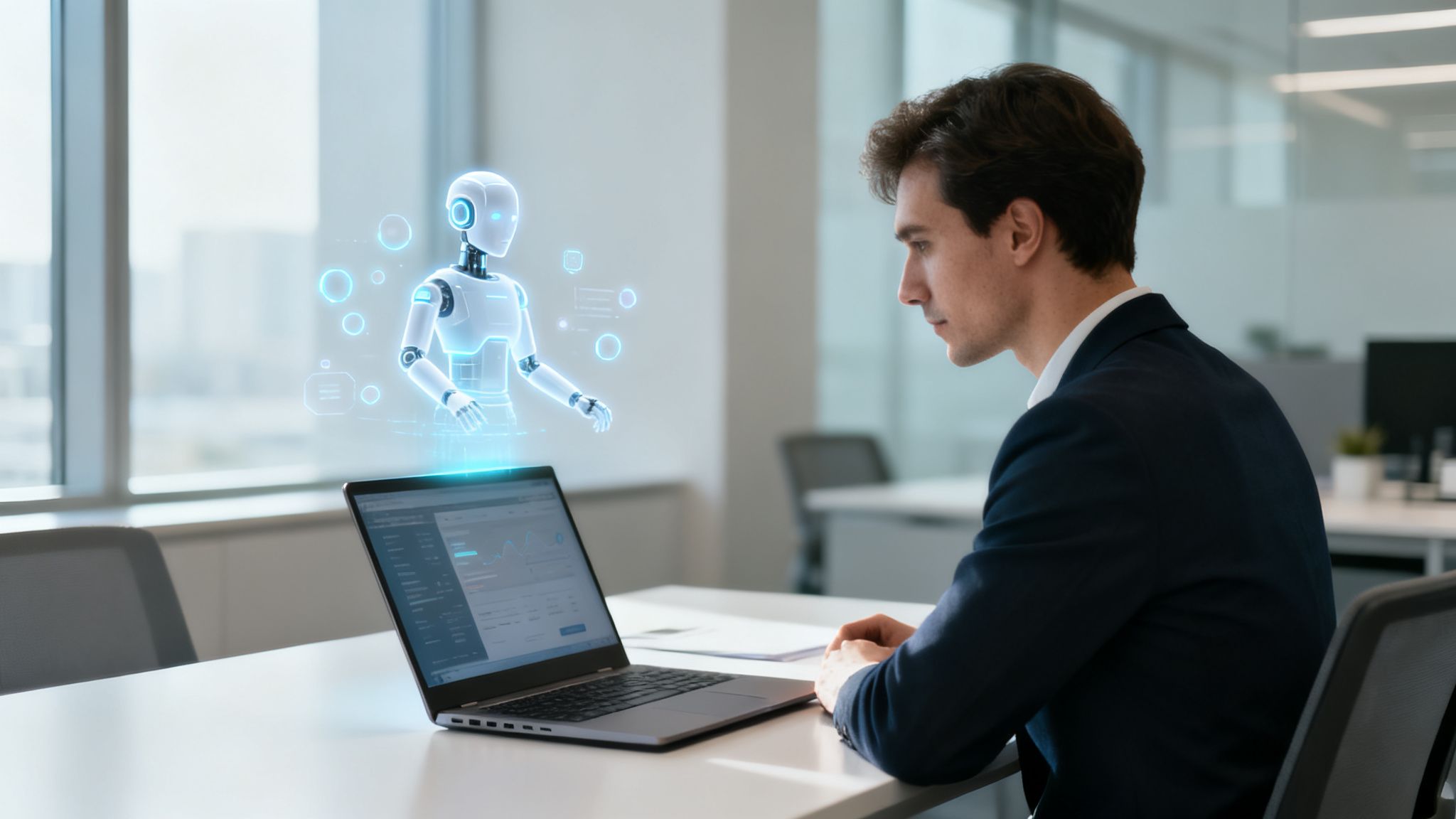 Homem de negócios interage com um robô de IA holográfico projetado de seu laptop em um escritório moderno.