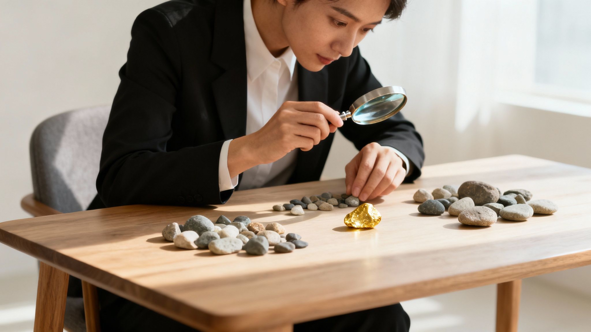 Pessoa em terno examinando uma pepita de ouro com lupa, cercada por pedras em uma mesa de madeira.