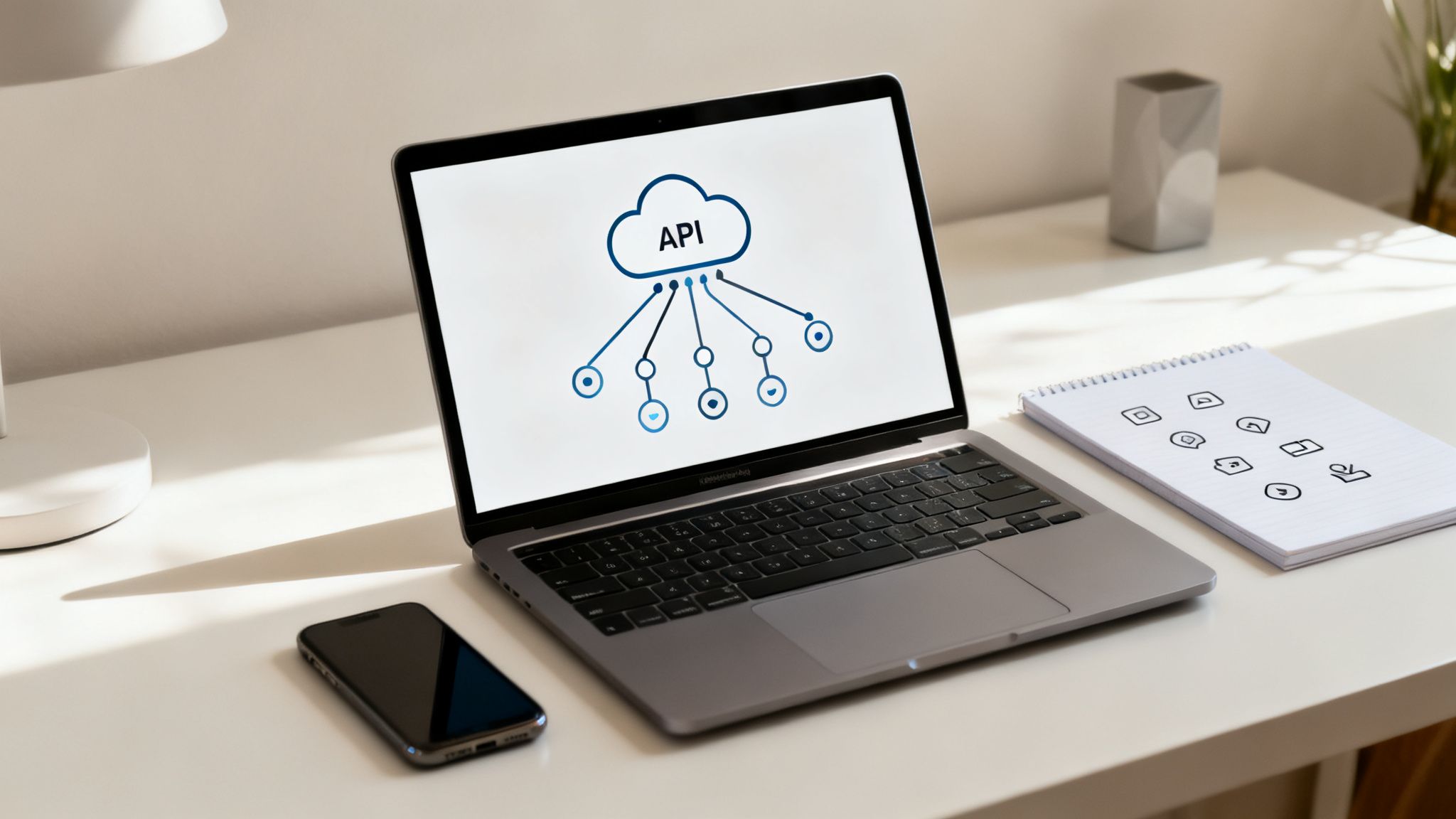 Laptop mostrando um diagrama de API na tela, com um smartphone e um caderno em uma mesa de trabalho minimalista.