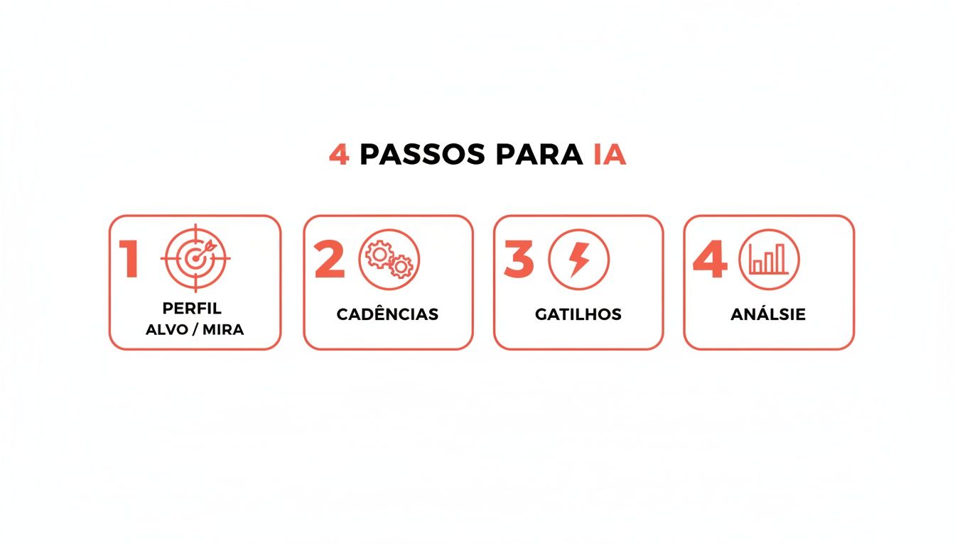 Quatro passos essenciais para IA: perfil alvo, cadências, gatilhos e análise detalhada do processo.