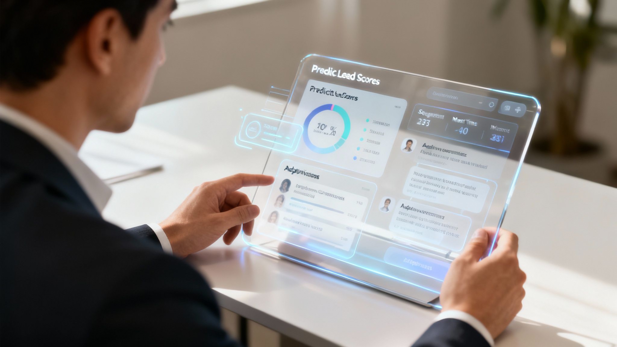 Homem usando um tablet transparente com dados de pontuação de leads e previsões de vendas.