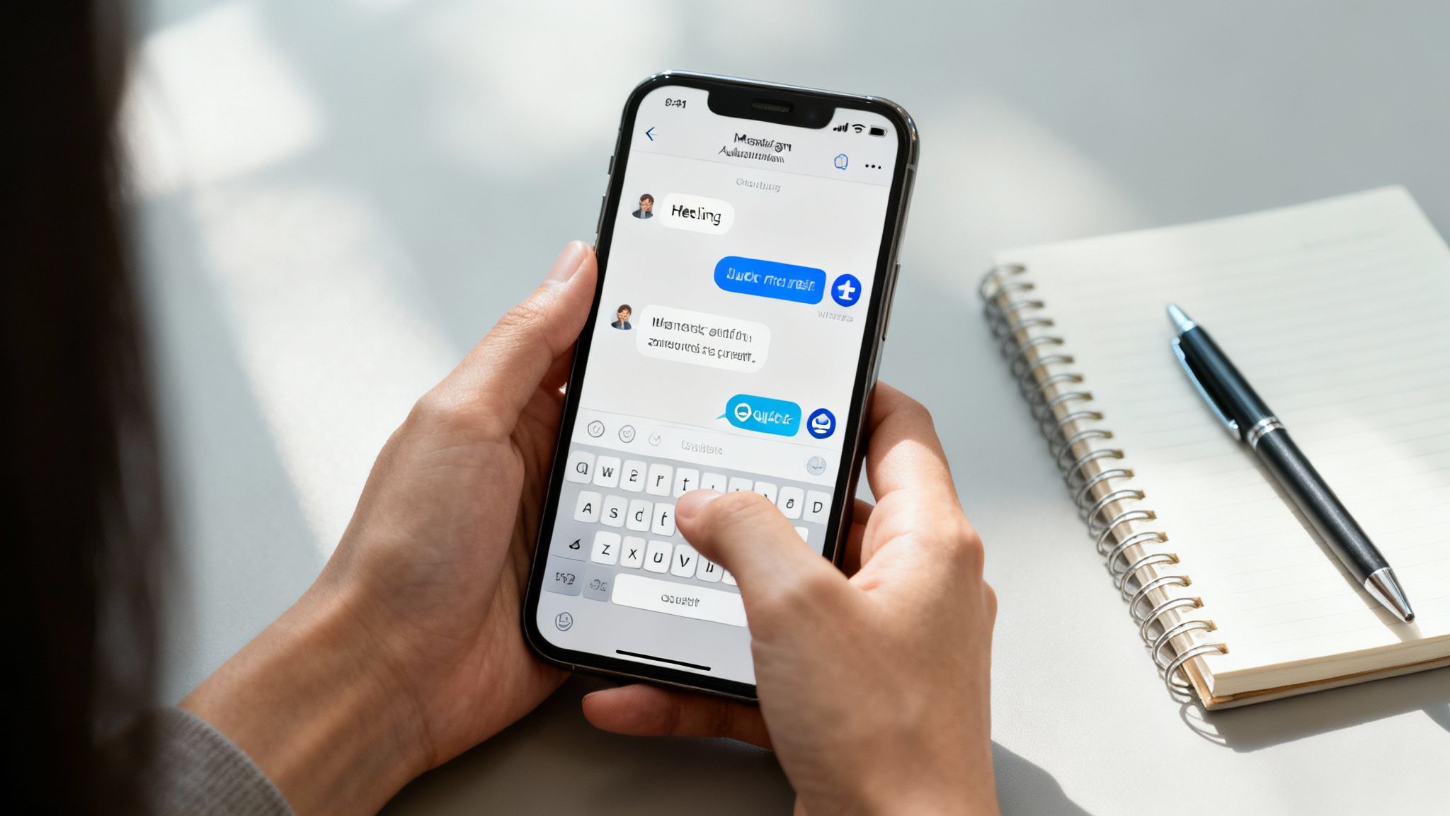Pessoa digitando em um celular com aplicativo de mensagens, caderno e caneta na mesa.