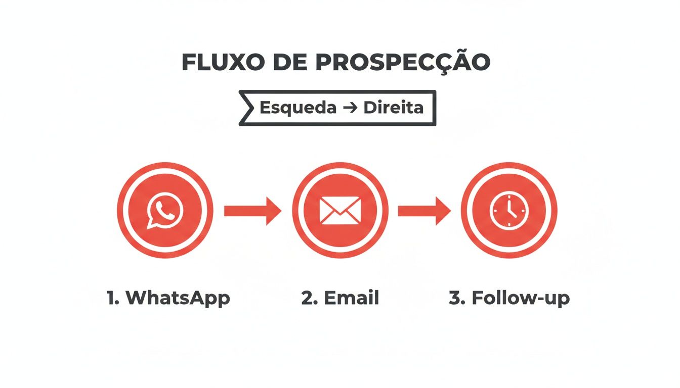 Um diagrama do fluxo de prospecção, mostrando as etapas: WhatsApp, Email e Follow-up, organizadas da esquerda para a direita.