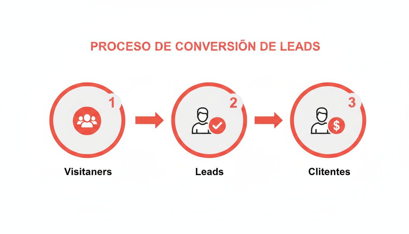 Um diagrama ilustra o processo de conversão de leads, desde visitantes até clientes, com três etapas numeradas e ícones.