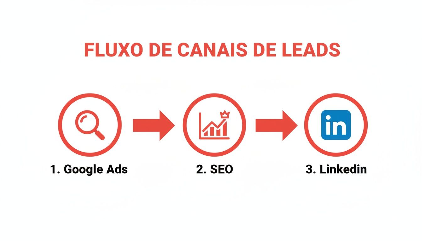 Diagrama visualizando os canais para geração de leads: Google Ads, SEO e LinkedIn, conectados por setas.
