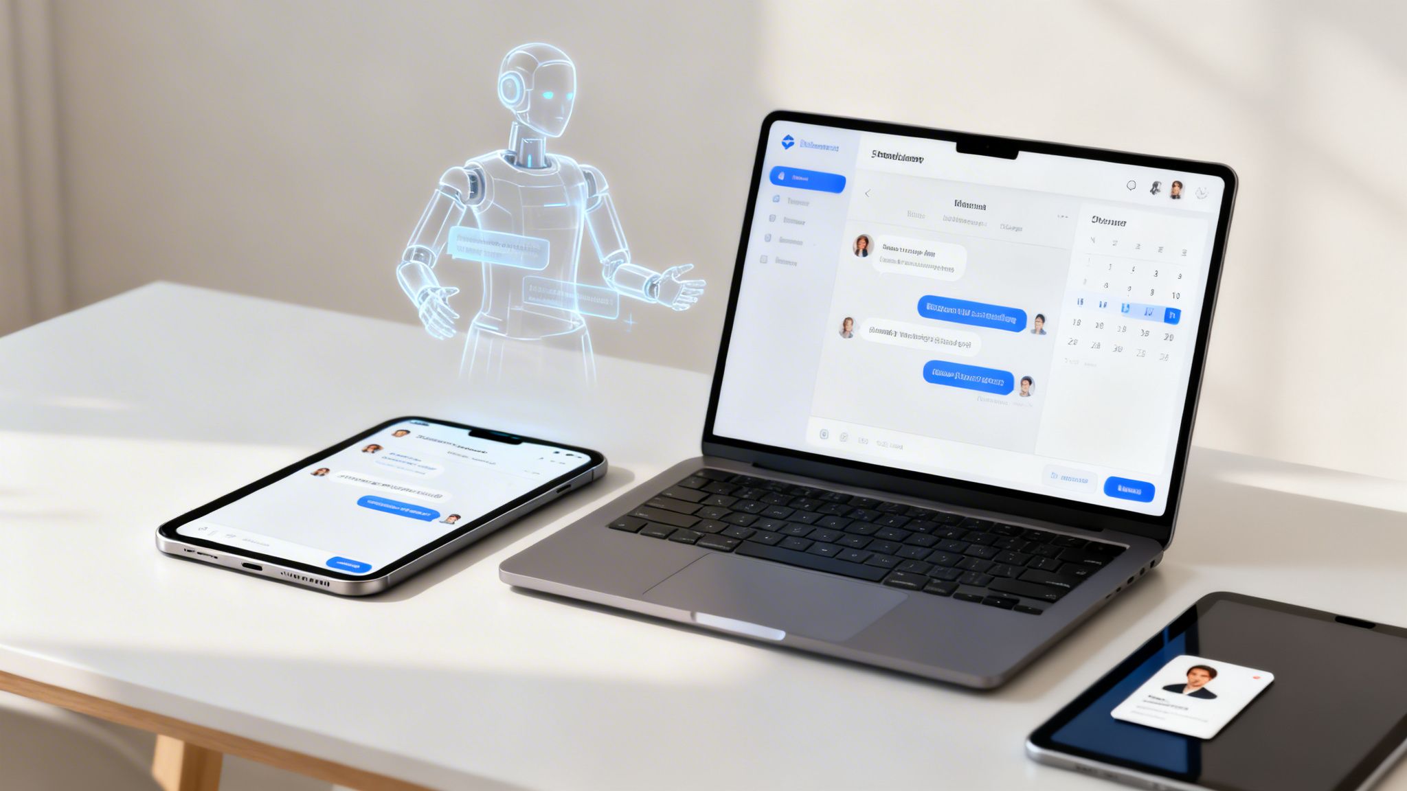 Robô holográfico de IA interage com laptop, smartphone e tablet em uma mesa branca, exibindo interfaces de chat.