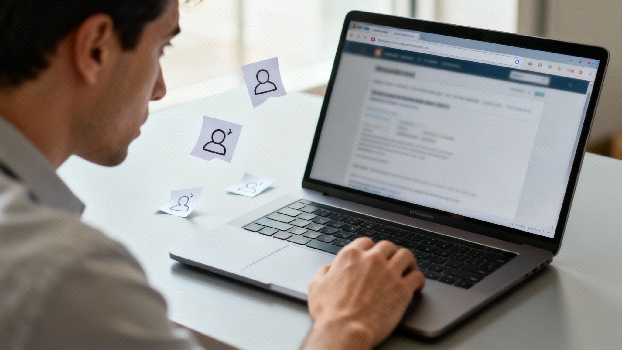 Homem olhando para um laptop, com notas flutuantes de perfis de usuário, trabalhando em estratégia digital.