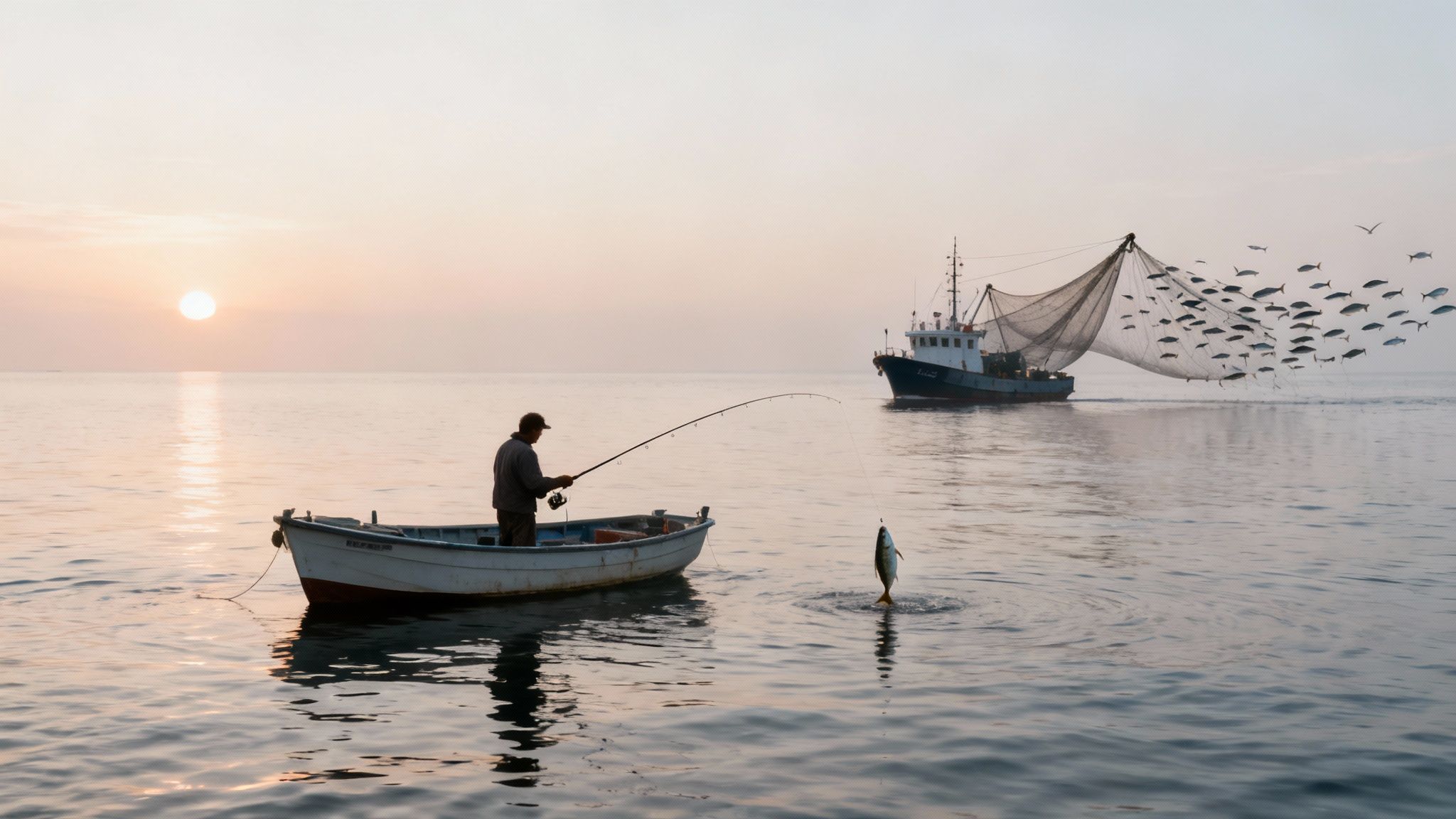 Pescador em pequeno barco ao pôr do sol, capturando um peixe, com barco de pesca maior e rede cheia de peixes ao fundo.