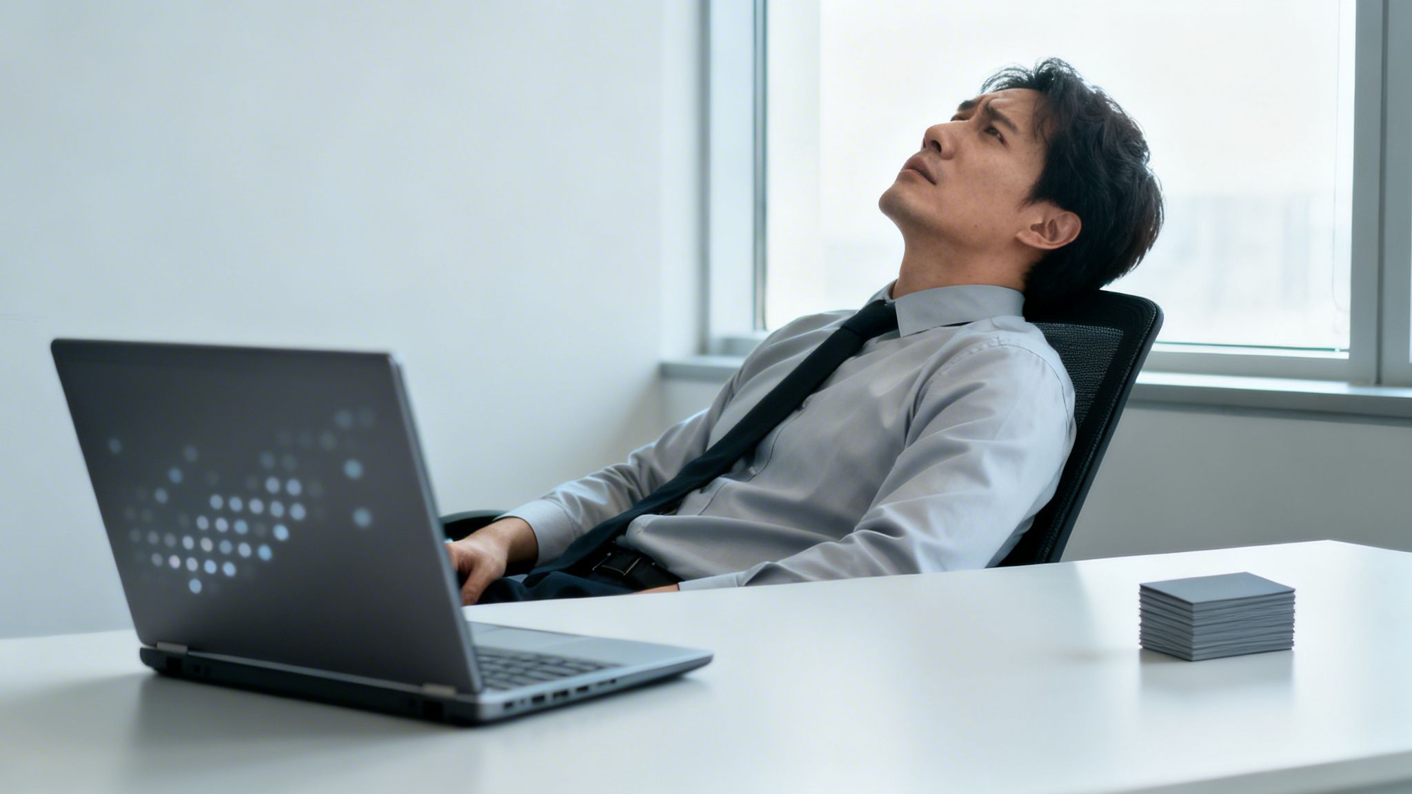 Um homem de negócios estressado ou pensativo sentado à mesa com laptop, olhando para cima.