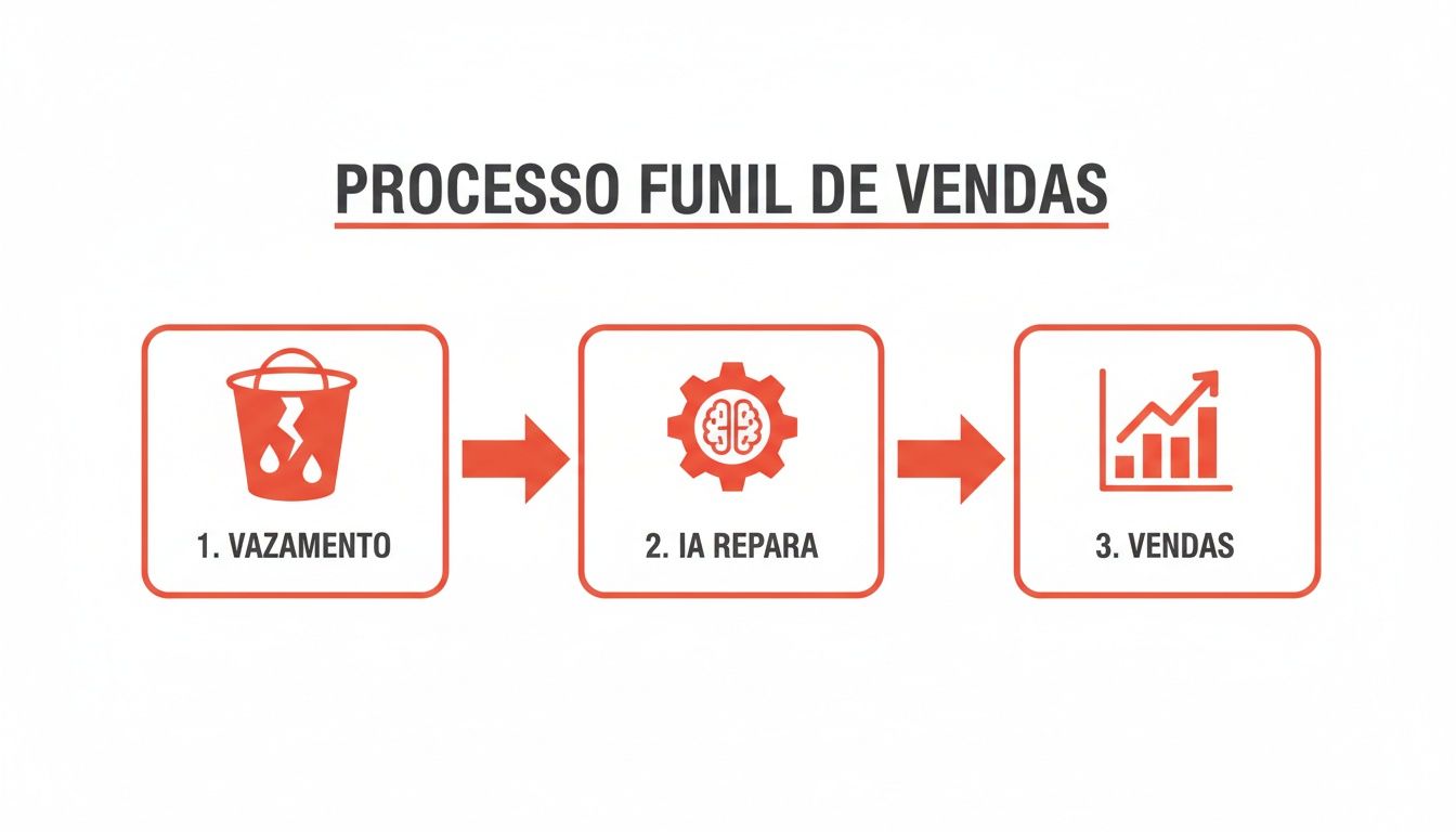 Diagrama do processo funil de vendas: um balde vazando é reparado por IA, resultando em aumento de vendas.