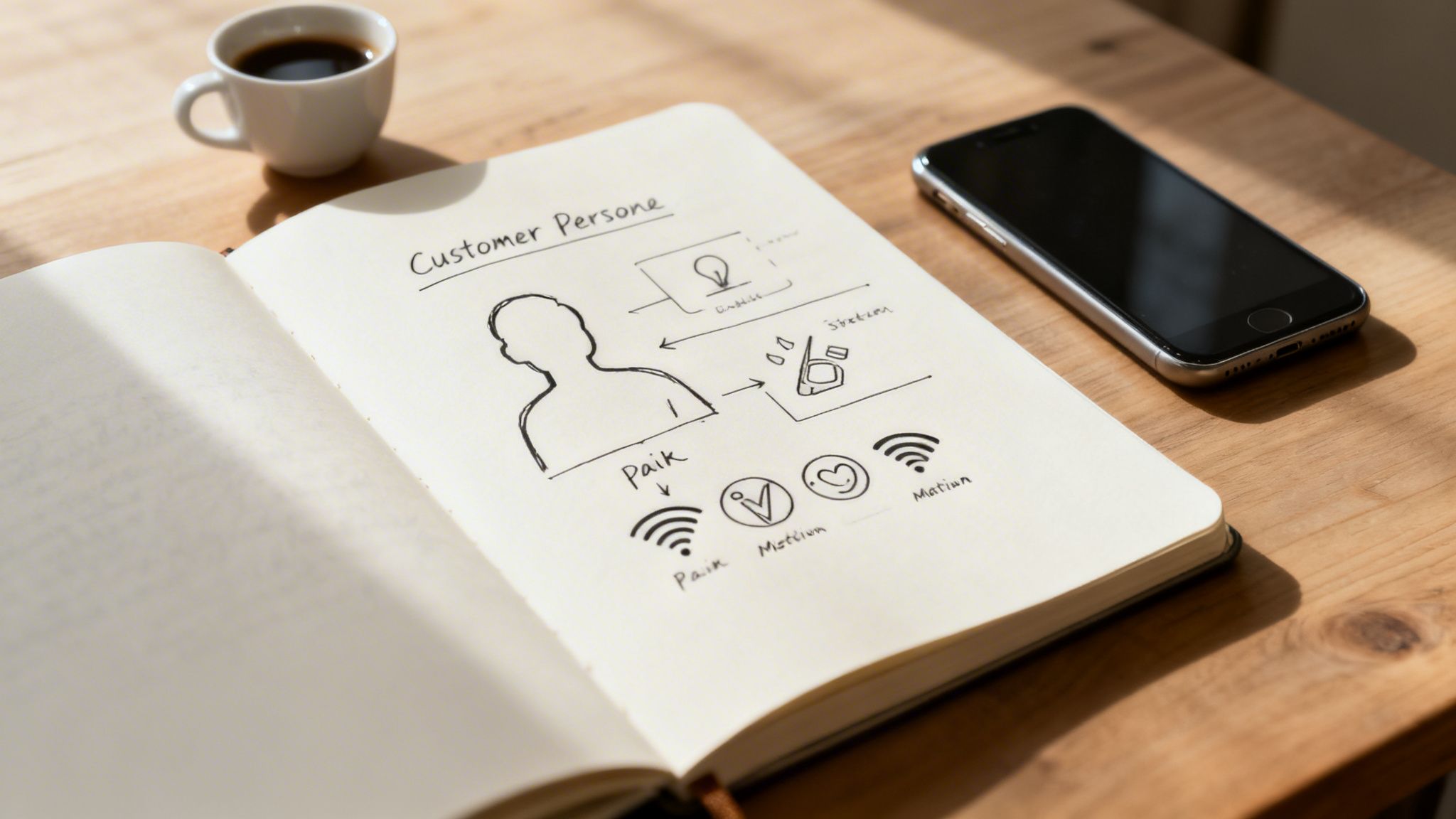 Caderno aberto em mesa de madeira com diagrama de persona de cliente, celular e xícara de café.