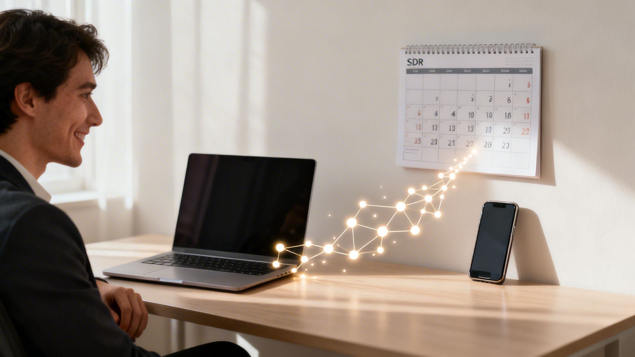 Homem sorrindo usando laptop e smartphone, com calendário e rede de dados, representando um processo de vendas.