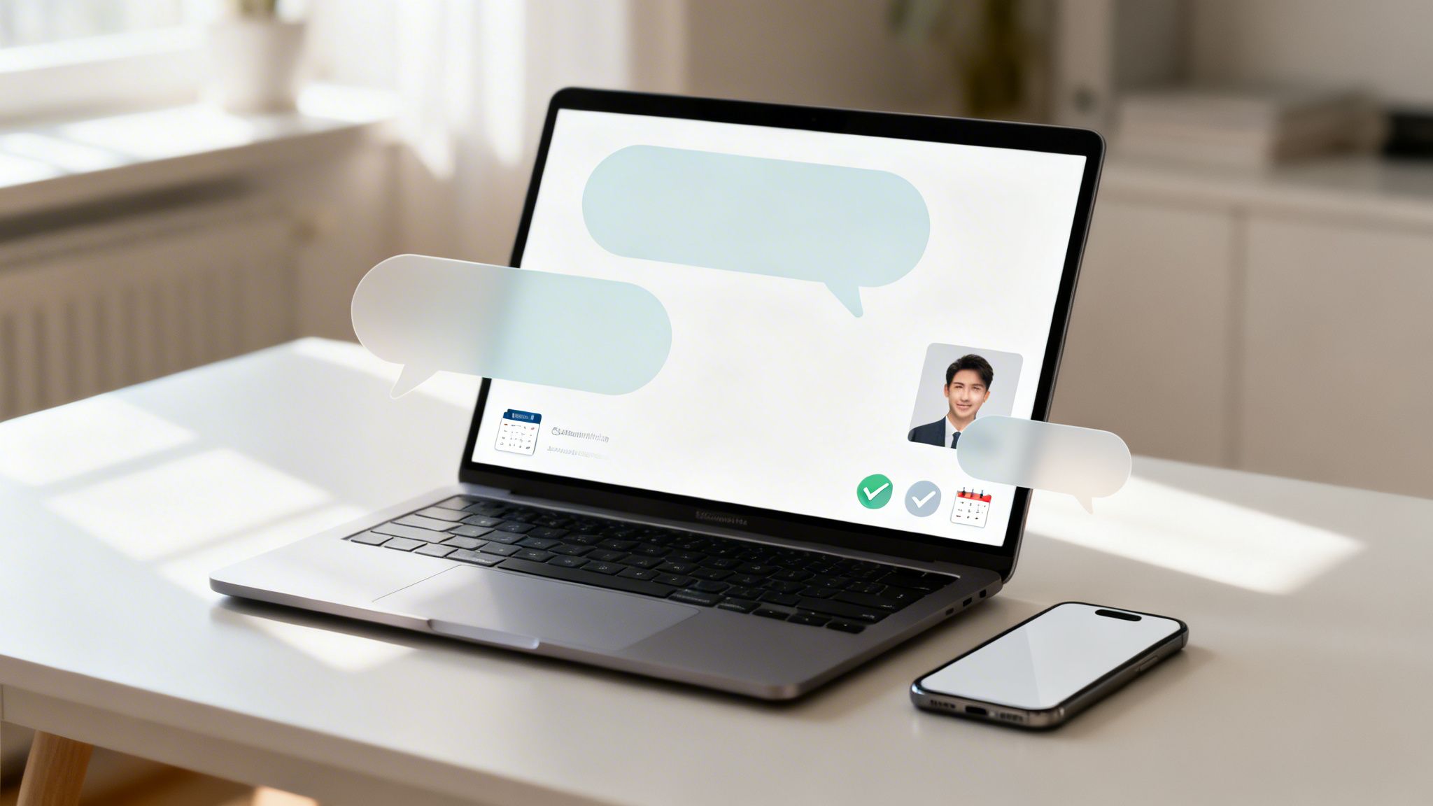 Laptop com interface de chat, calendários e perfil de usuário, smartphone ao lado, num ambiente de trabalho claro.