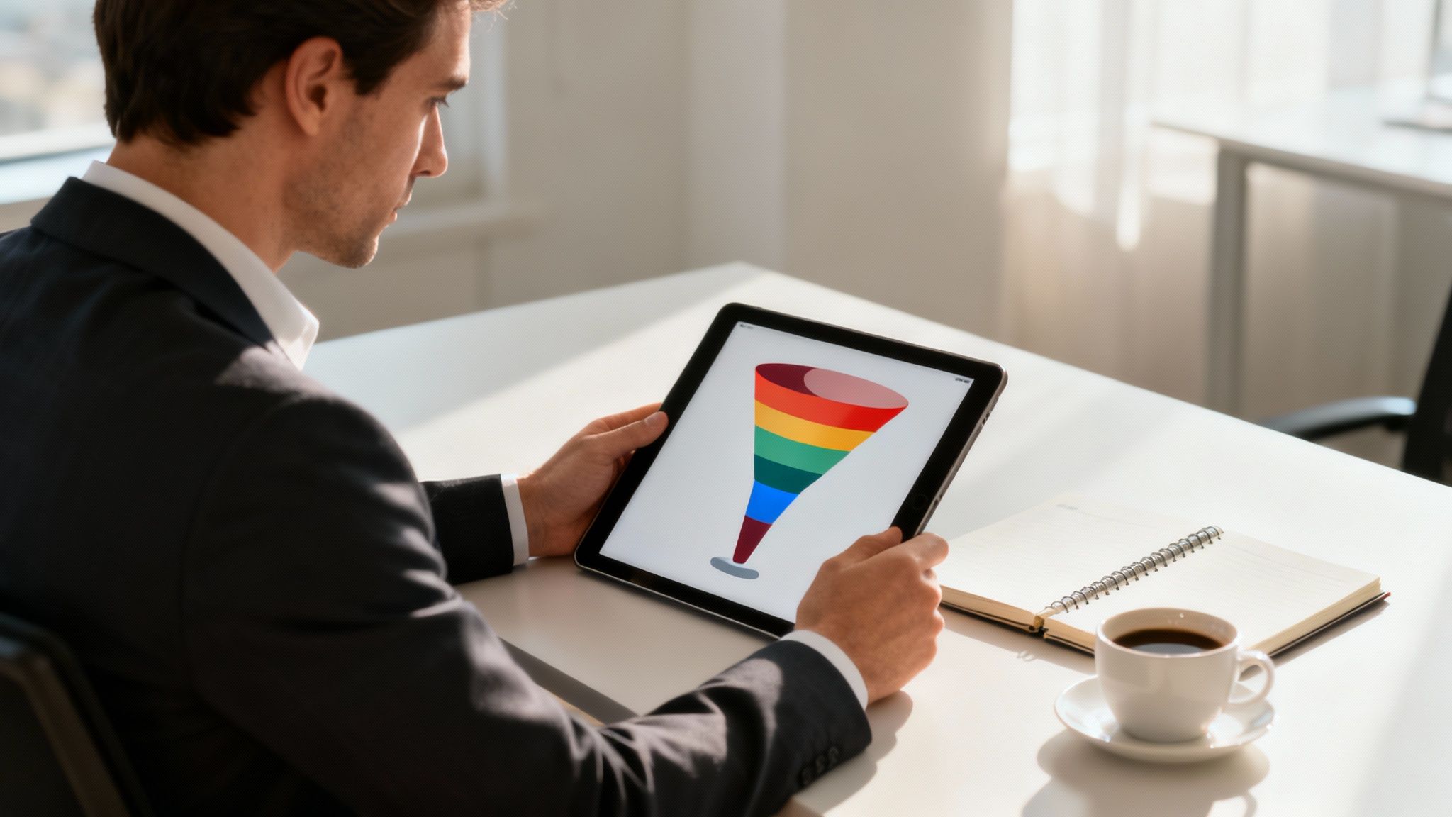 Homem de terno olha tablet com funil de vendas colorido, com notebook e café na mesa.