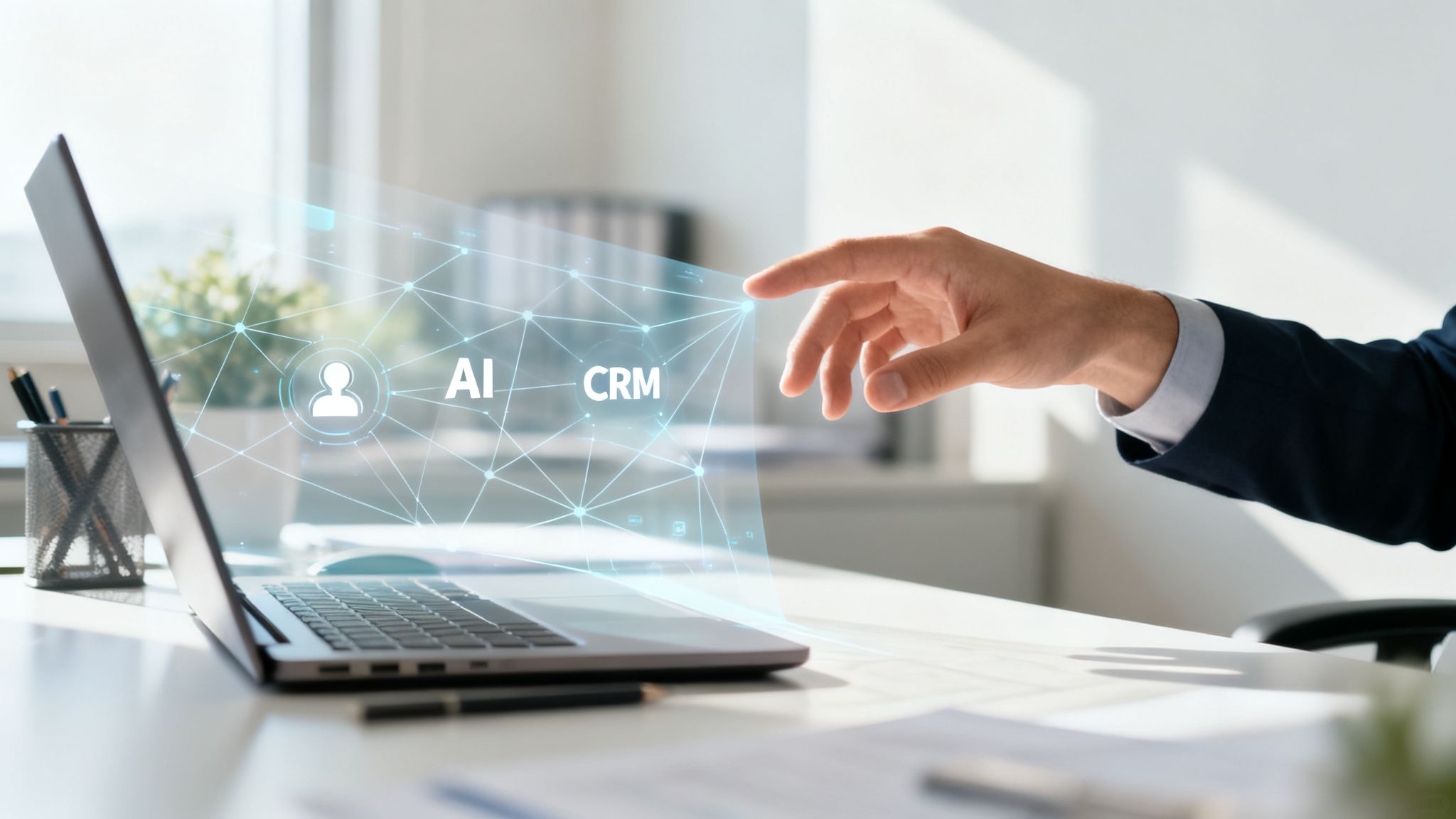 Mão de um empresário interage com uma projeção holográfica de rede AI e CRM emergindo de um laptop em um escritório moderno.