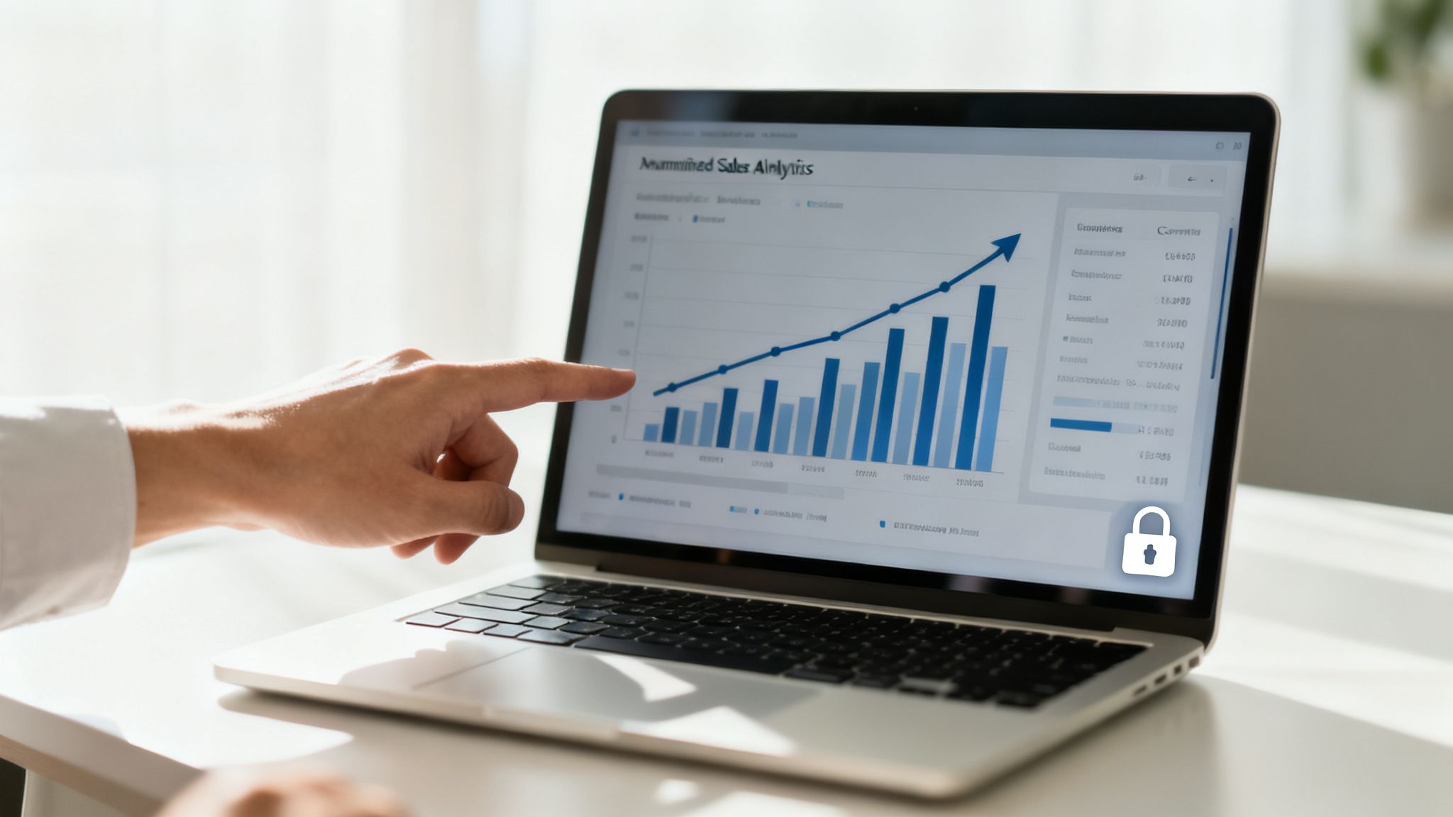 Mão apontando para tela de laptop exibindo gráfico de análise de vendas crescente e cadeado digital.