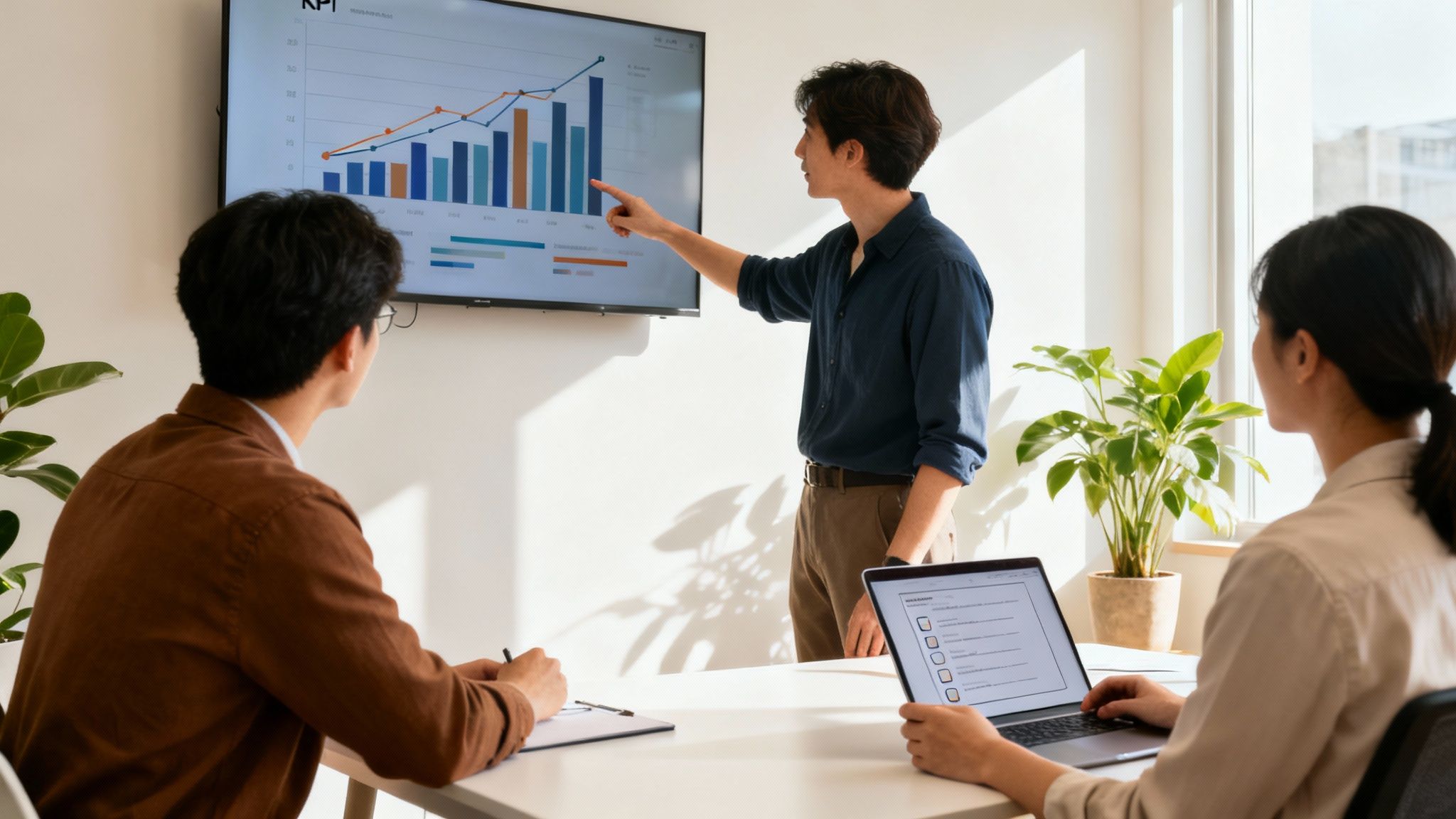 Três pessoas em um escritório, um homem apresenta gráficos em uma tela, enquanto outros dois observam e trabalham em laptops e cadernos.
