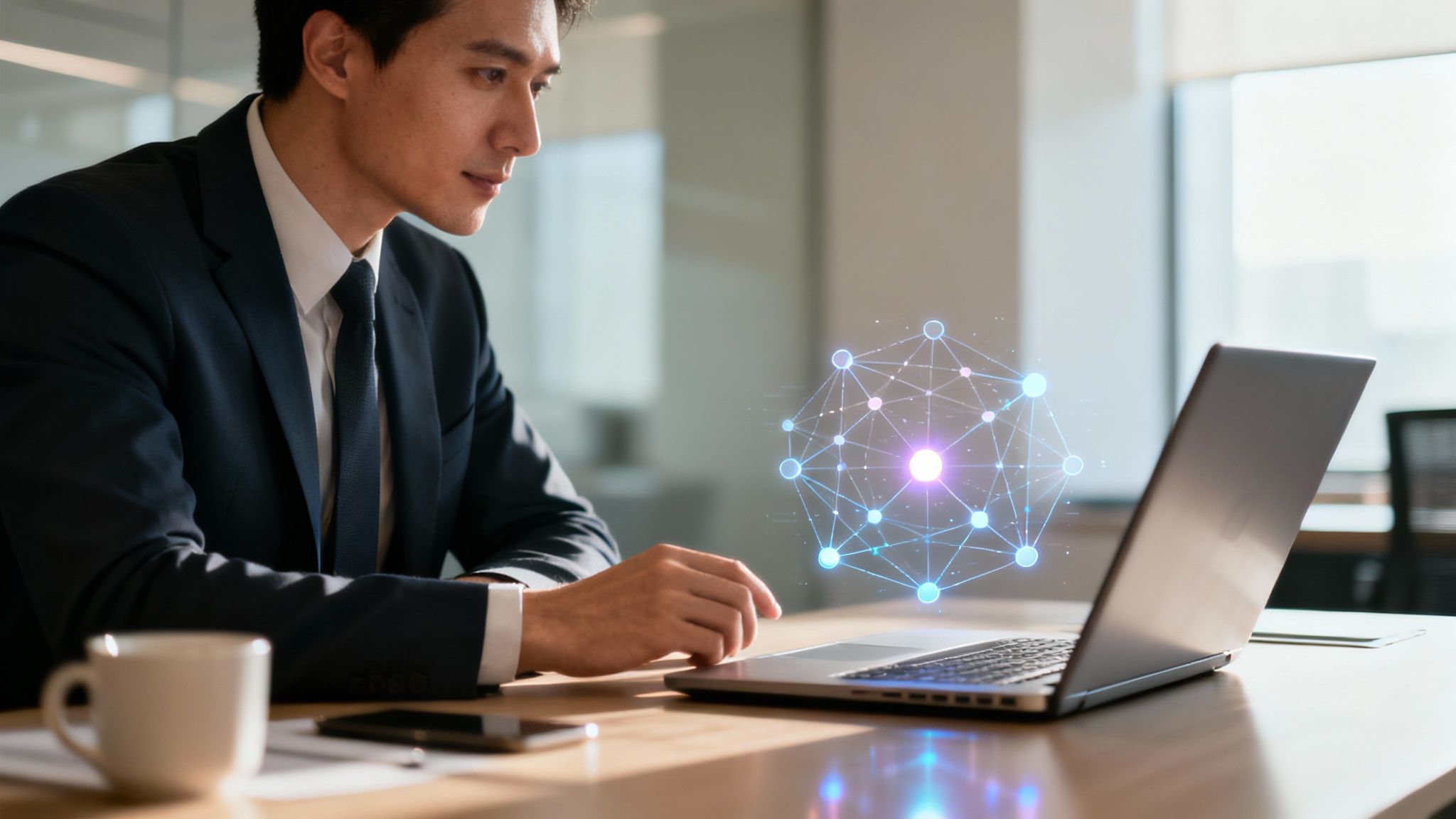 Homem de negócios asiático em um terno olhando para um laptop, com uma rede digital holográfica flutuando acima.