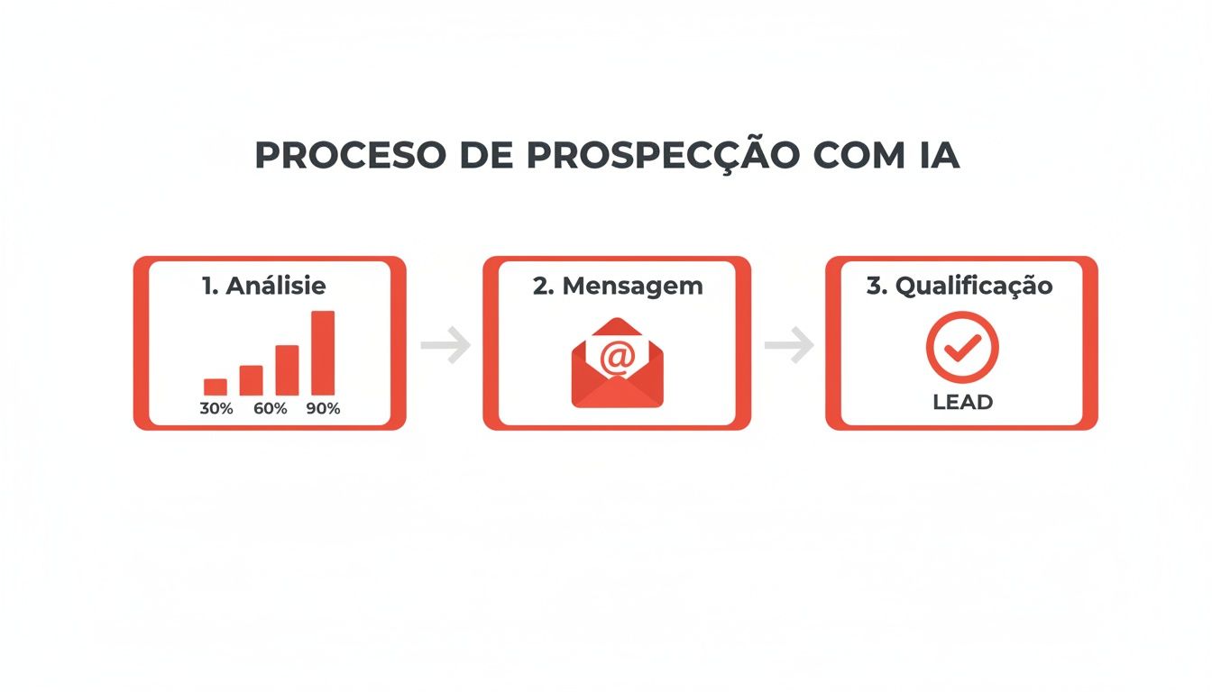 Diagrama do processo de prospecção de clientes com IA em três etapas: análise, mensagem e qualificação de leads.