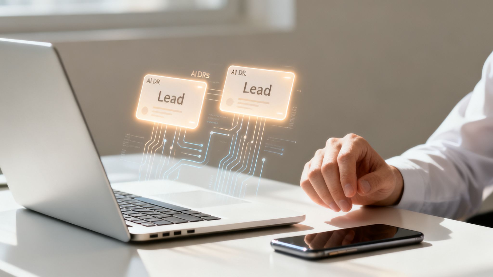 Pessoa usando laptop com cards digitais 'Lead' flutuando, simbolizando automação de vendas e geração de leads.