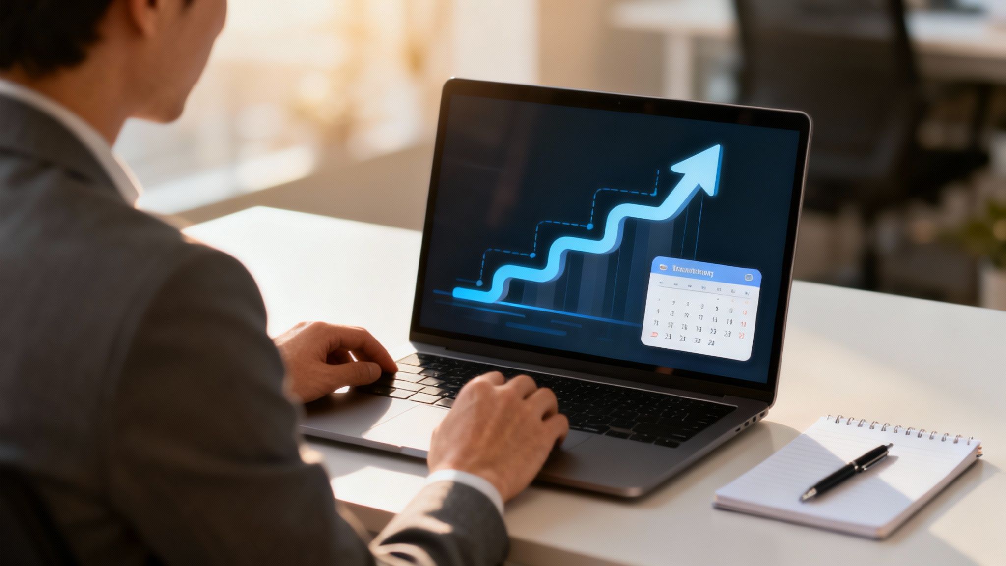 Pessoa de terno trabalhando em laptop com gráfico de crescimento e calendário na tela, caderno e caneta na mesa.
