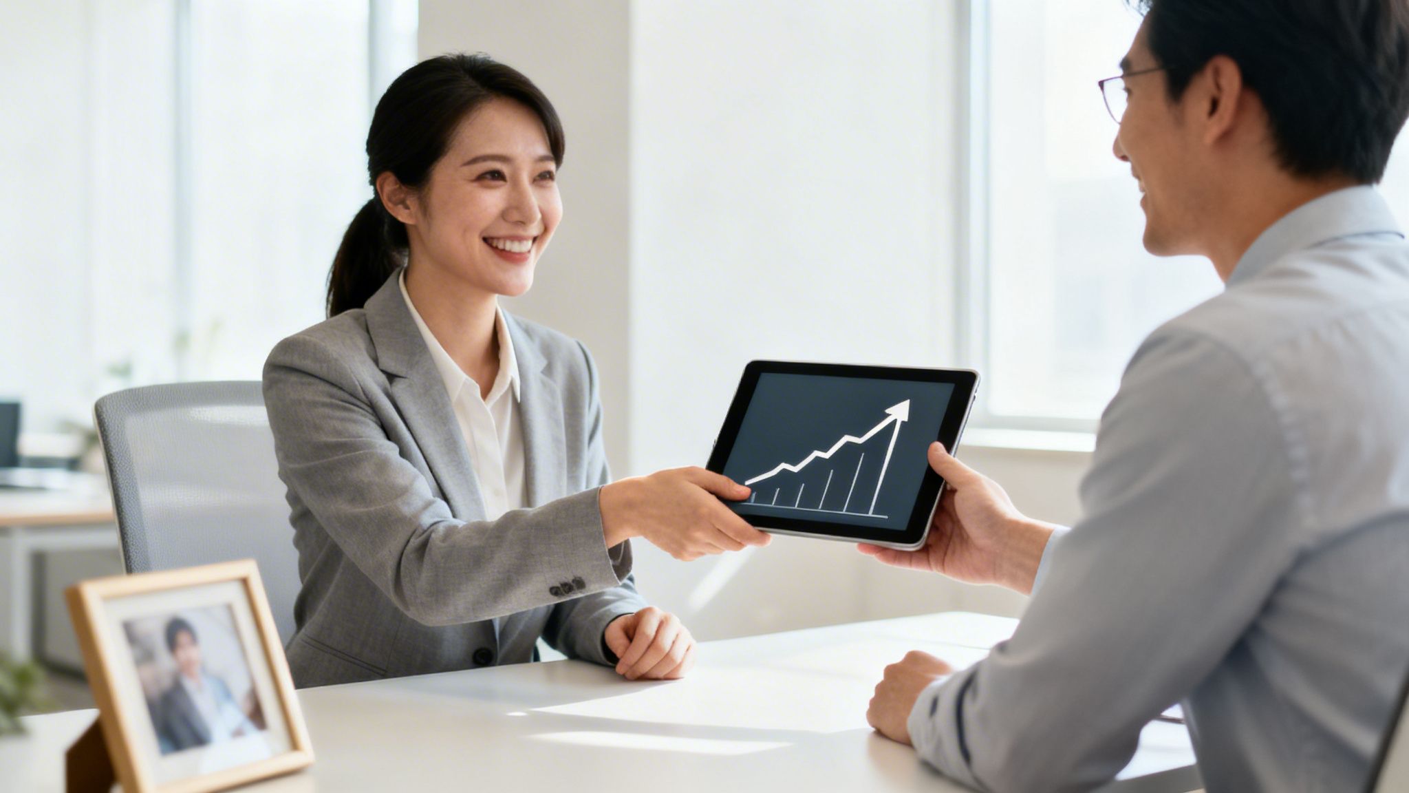 Uma mulher de negócios sorridente mostra um gráfico de crescimento em um tablet a um cliente em um escritório.
