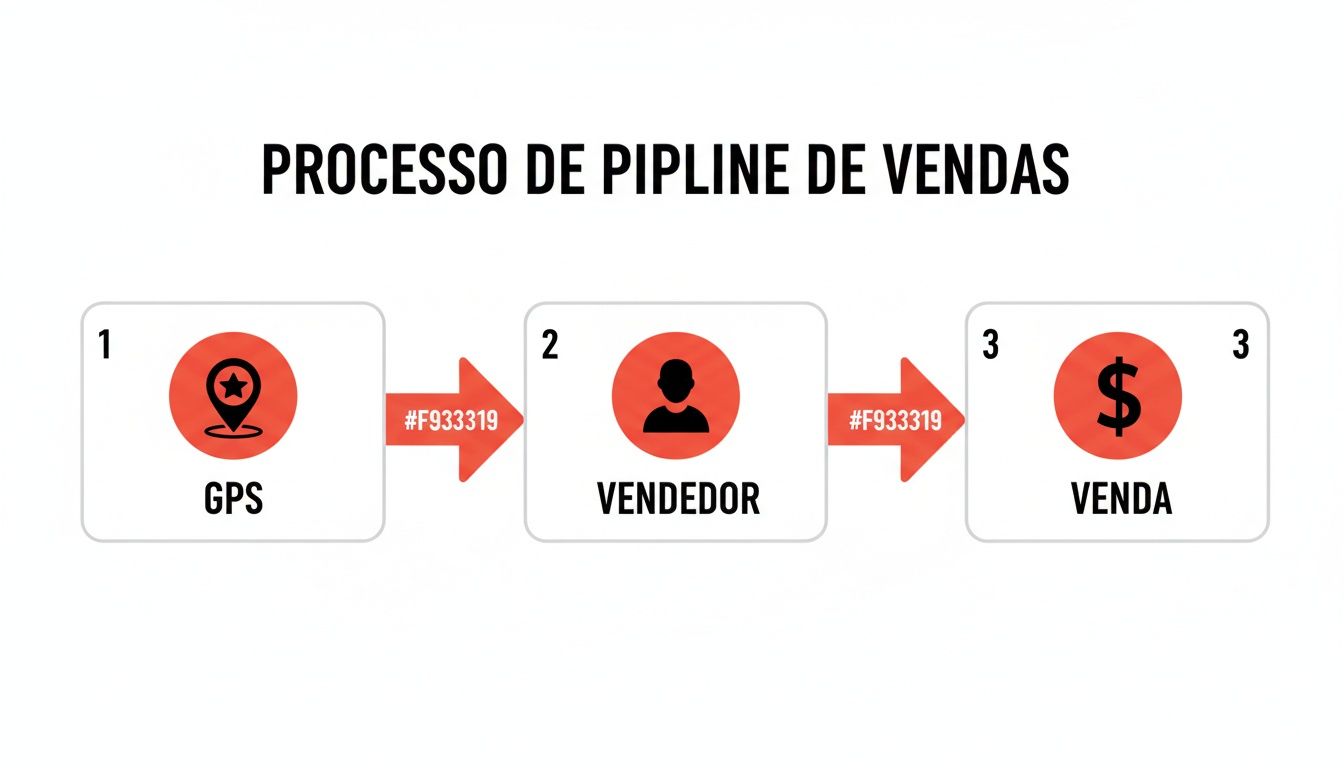 Infográfico detalhando o processo de pipeline de vendas em três etapas: GPS, Vendedor e Venda, com setas de progressão.