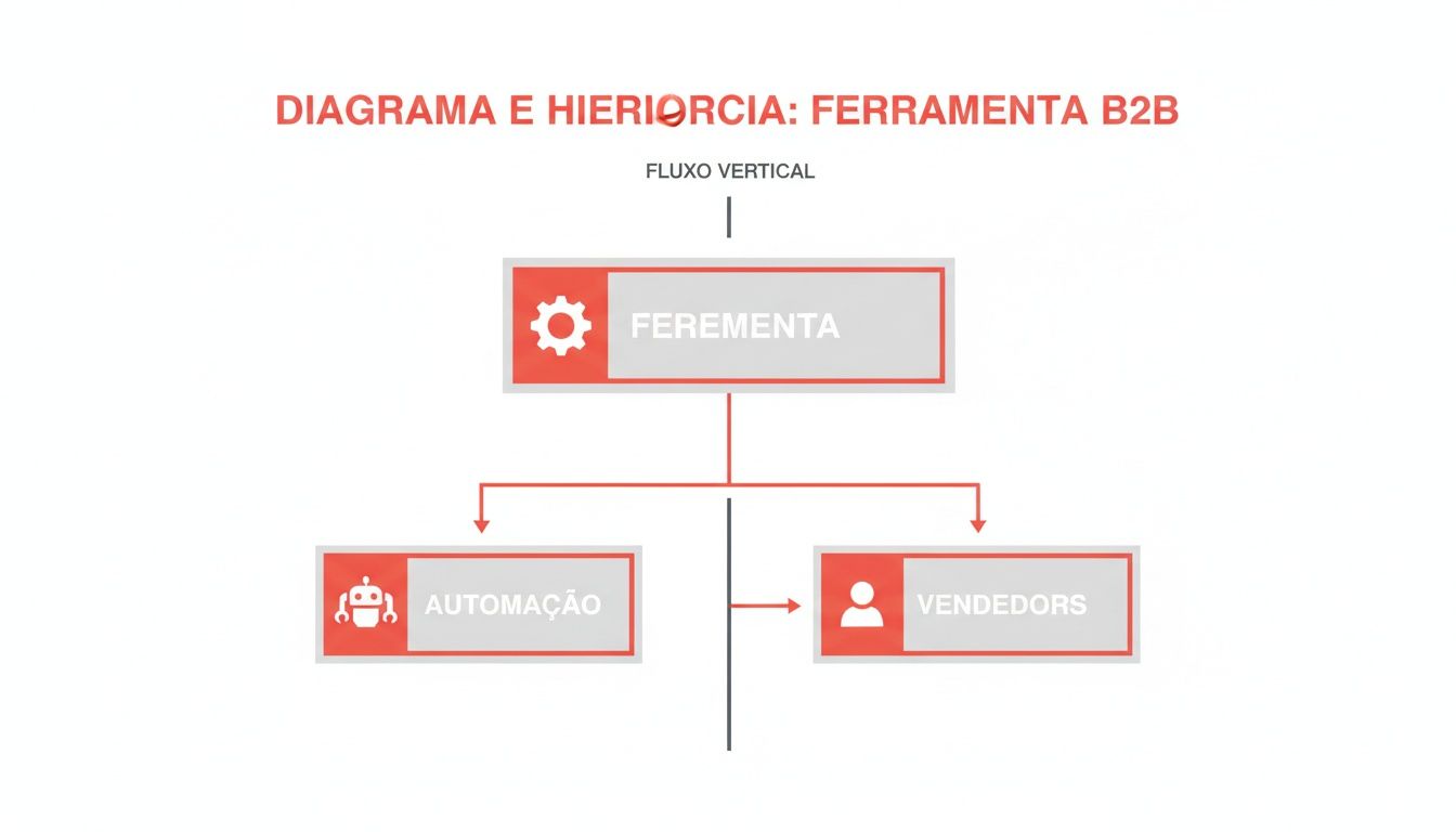 Diagrama de hierarquia de uma ferramenta B2B, mostrando fluxo vertical para automação e vendedores.
