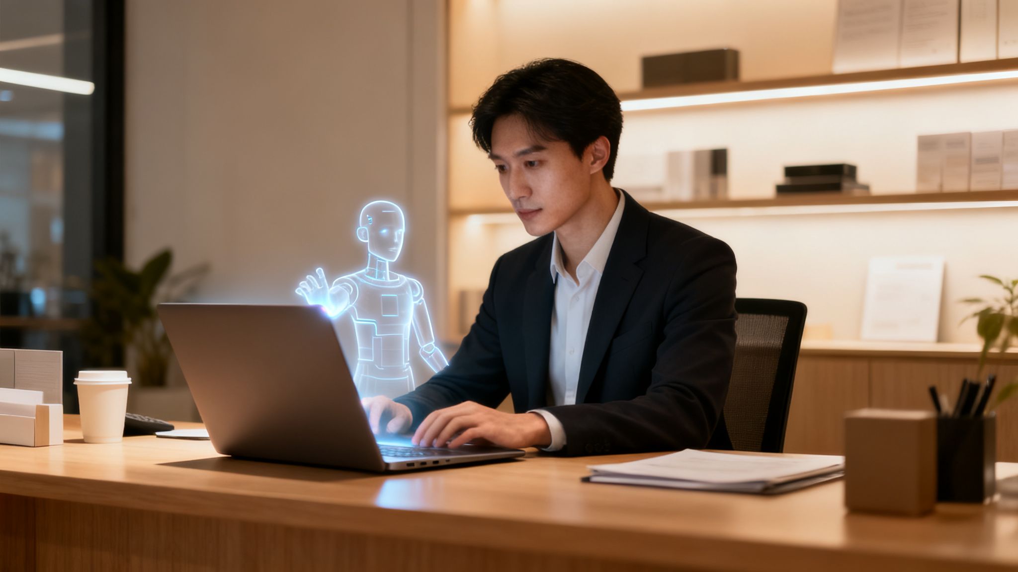 Um homem asiático de terno trabalha em um laptop, com um robô holográfico brilhante ao lado, em um escritório moderno.