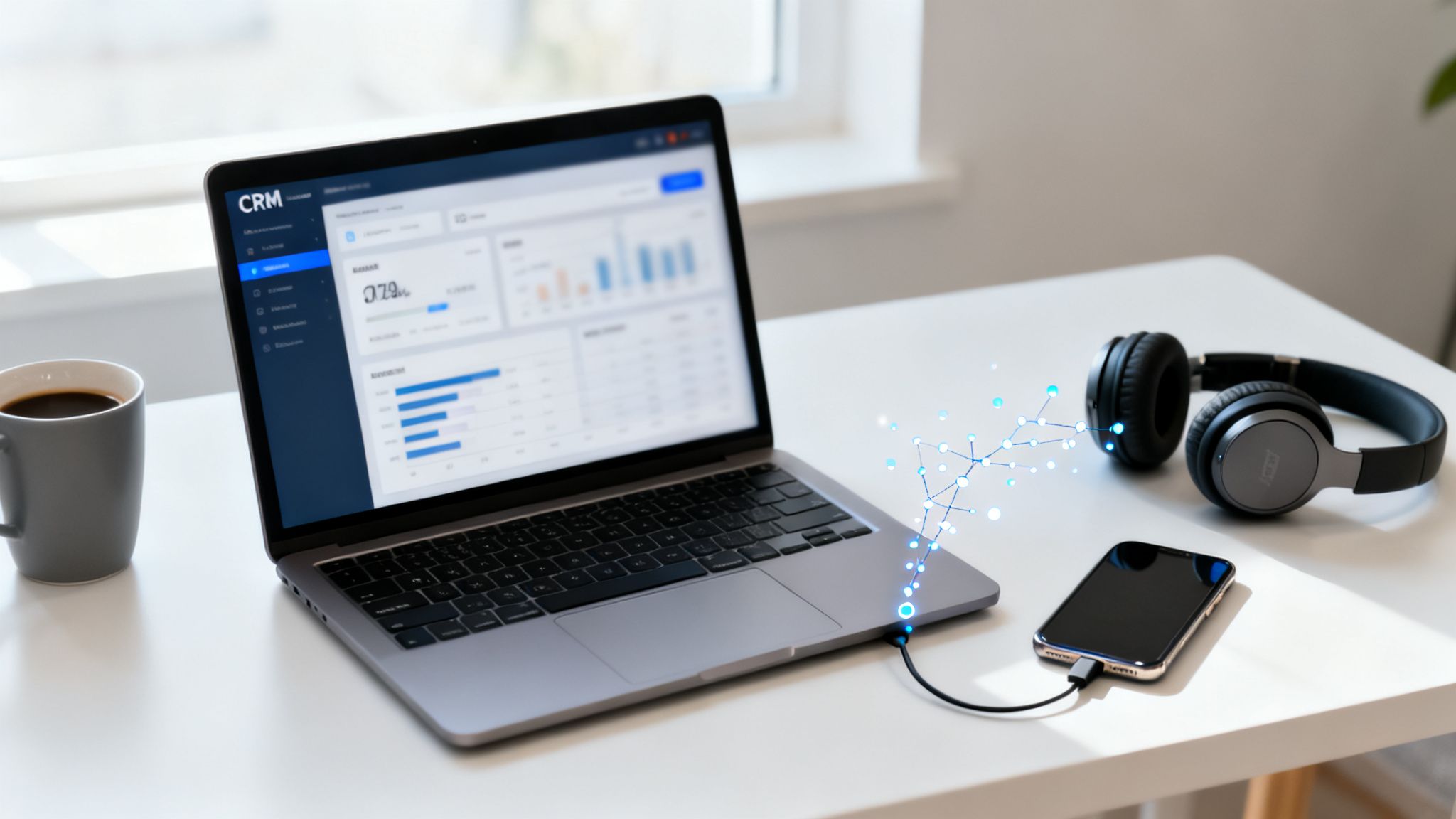 Mesa de trabalho com laptop exibindo painel CRM, fones de ouvido, xícara de café e celular conectado, simbolizando dados e tecnologia.