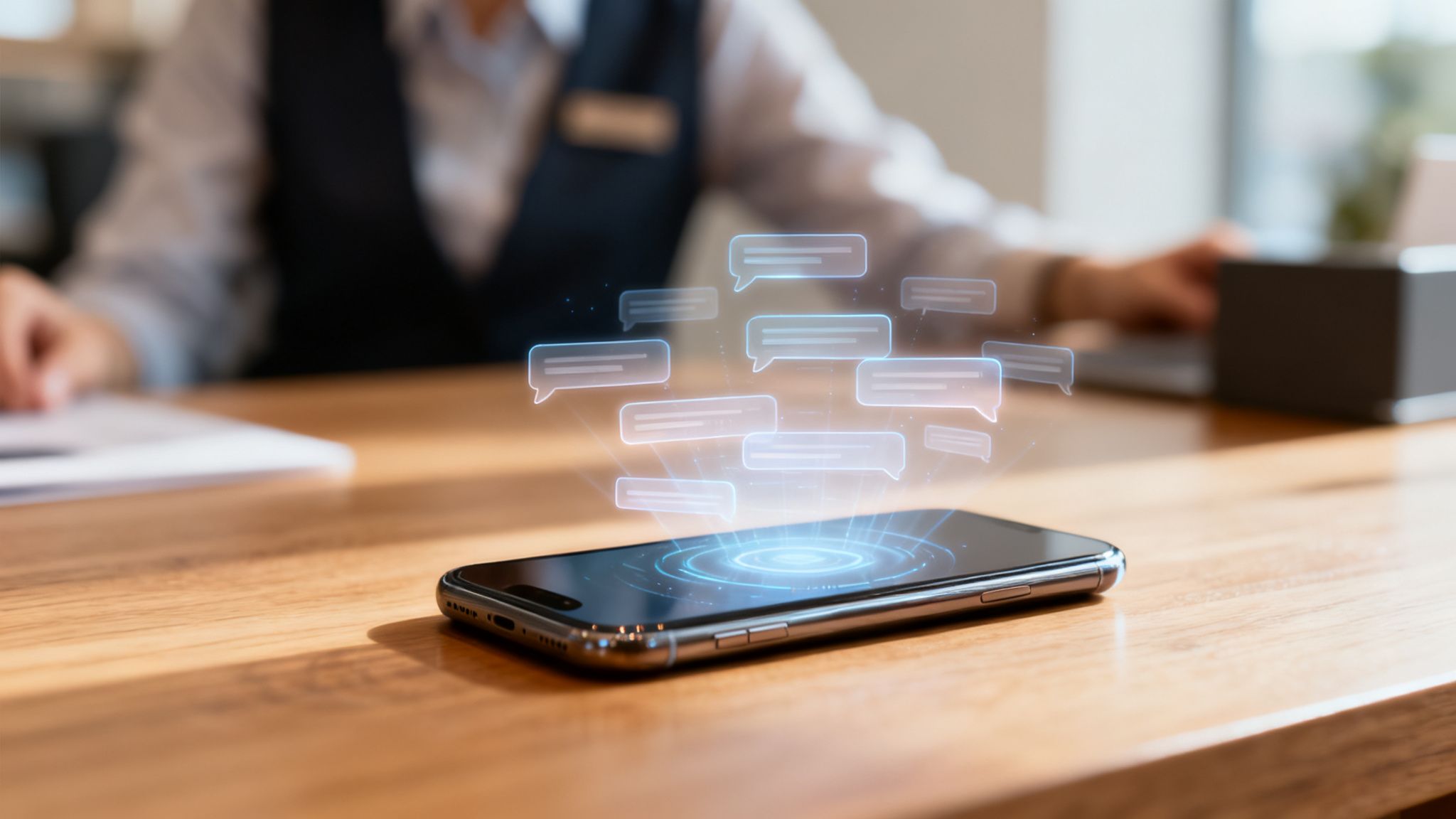 Smartphone com bolhas de chat holográficas sobre mesa de madeira, com pessoa trabalhando ao fundo. Representa comunicação digital e atendimento.