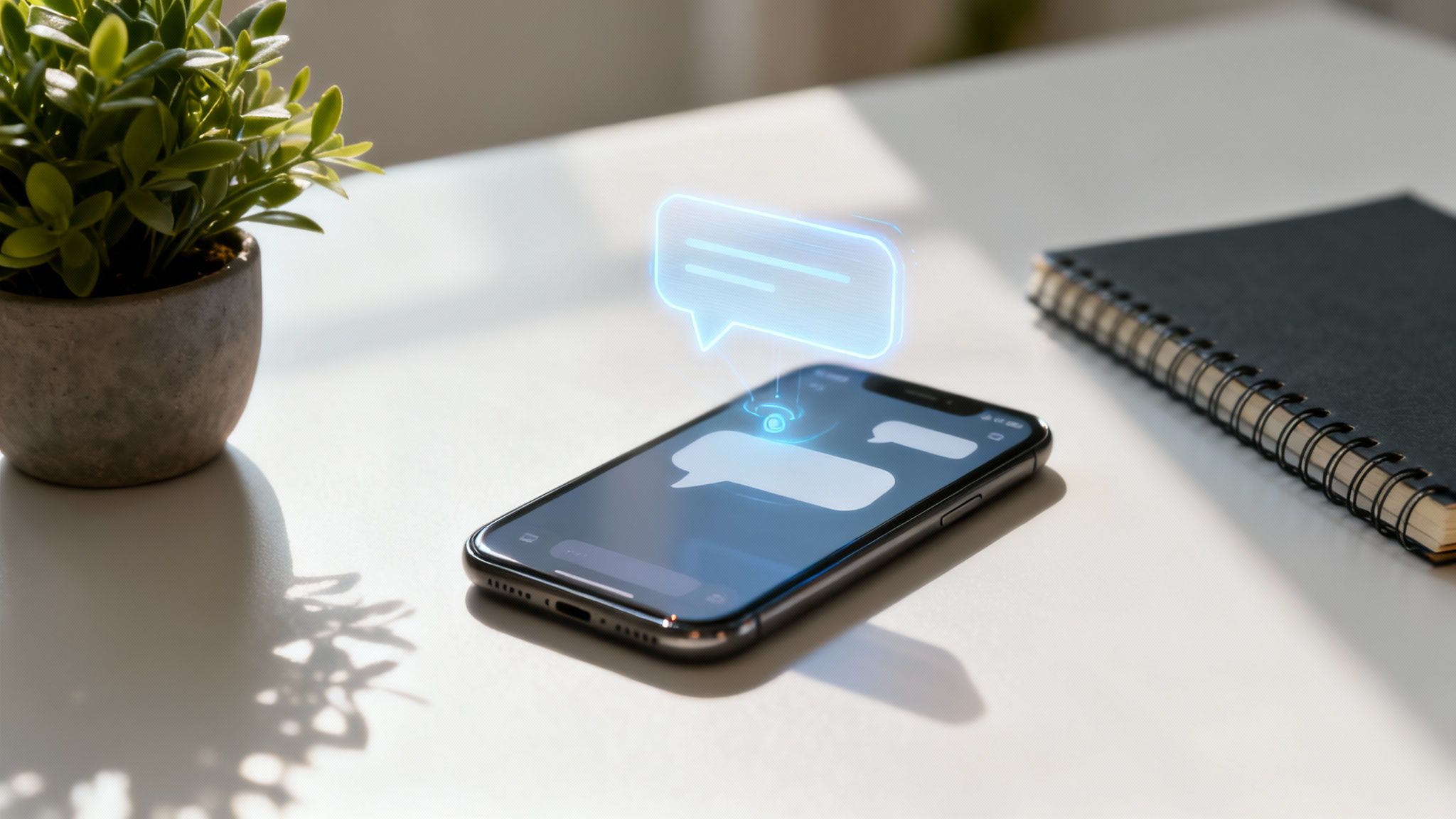 Smartphone com interface de chat e bolha holográfica, planta e caderno em mesa branca iluminada pelo sol.