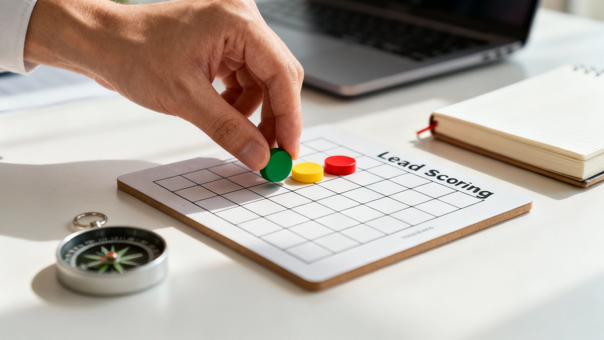 Mão colocando ficha verde em um quadro de 'Lead Scoring', com fichas coloridas, bússola e notebook.