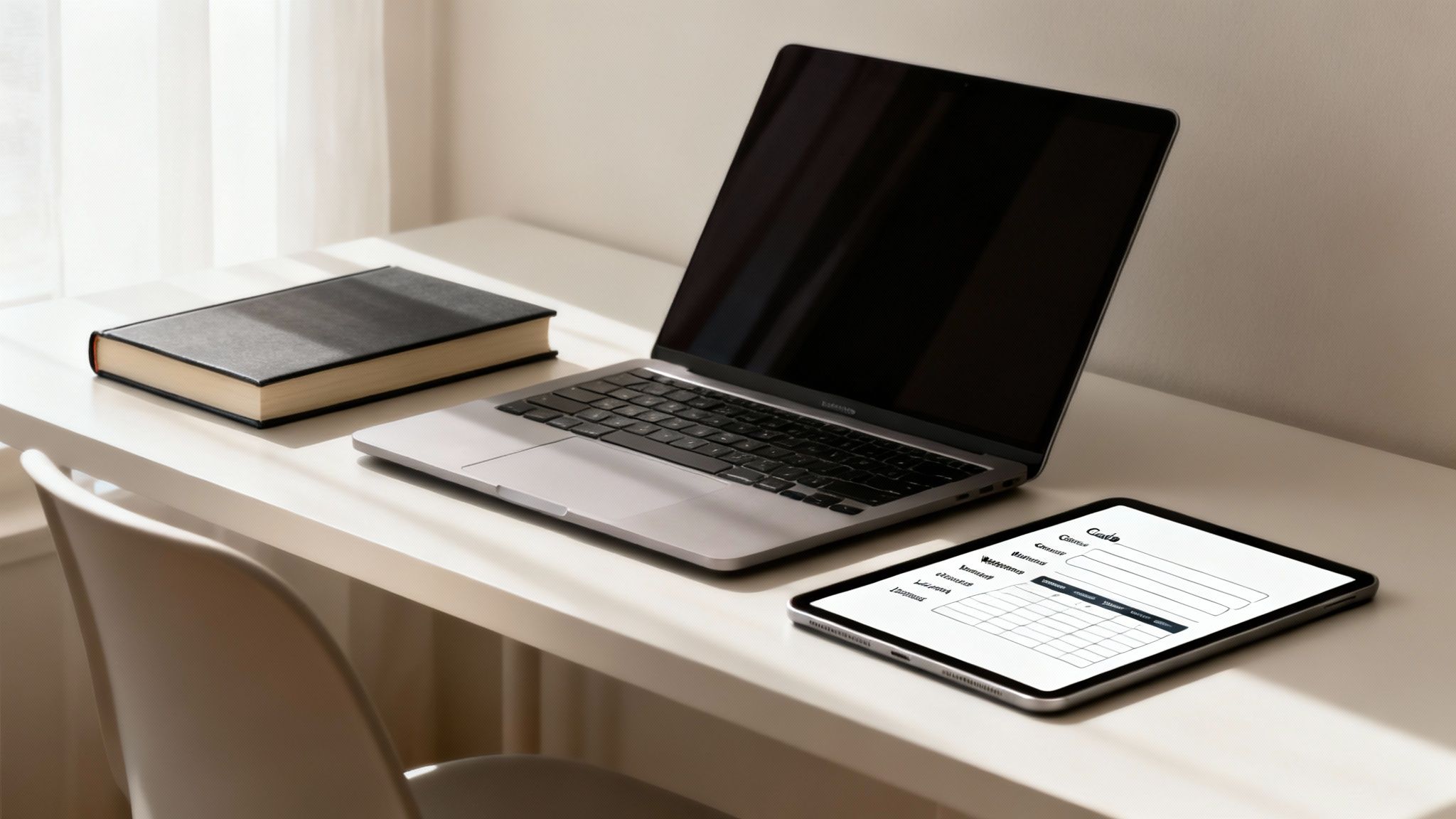 Mesa de escritório clara com livro, laptop e tablet exibindo um formulário, ideal para trabalho ou estudo.