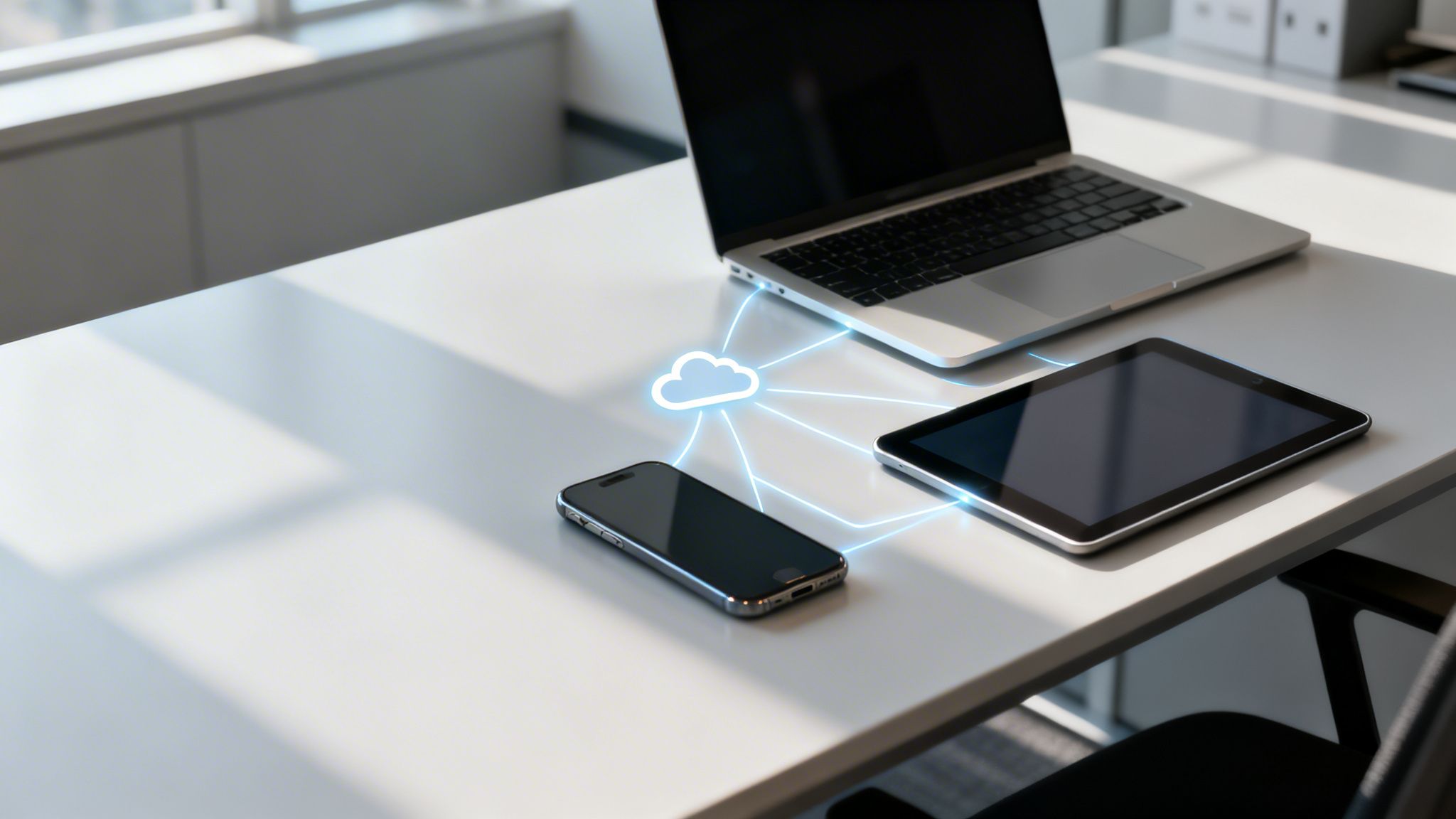 Mesa de escritório com laptop, tablet e smartphone conectados a uma nuvem digital, representando computação em nuvem.