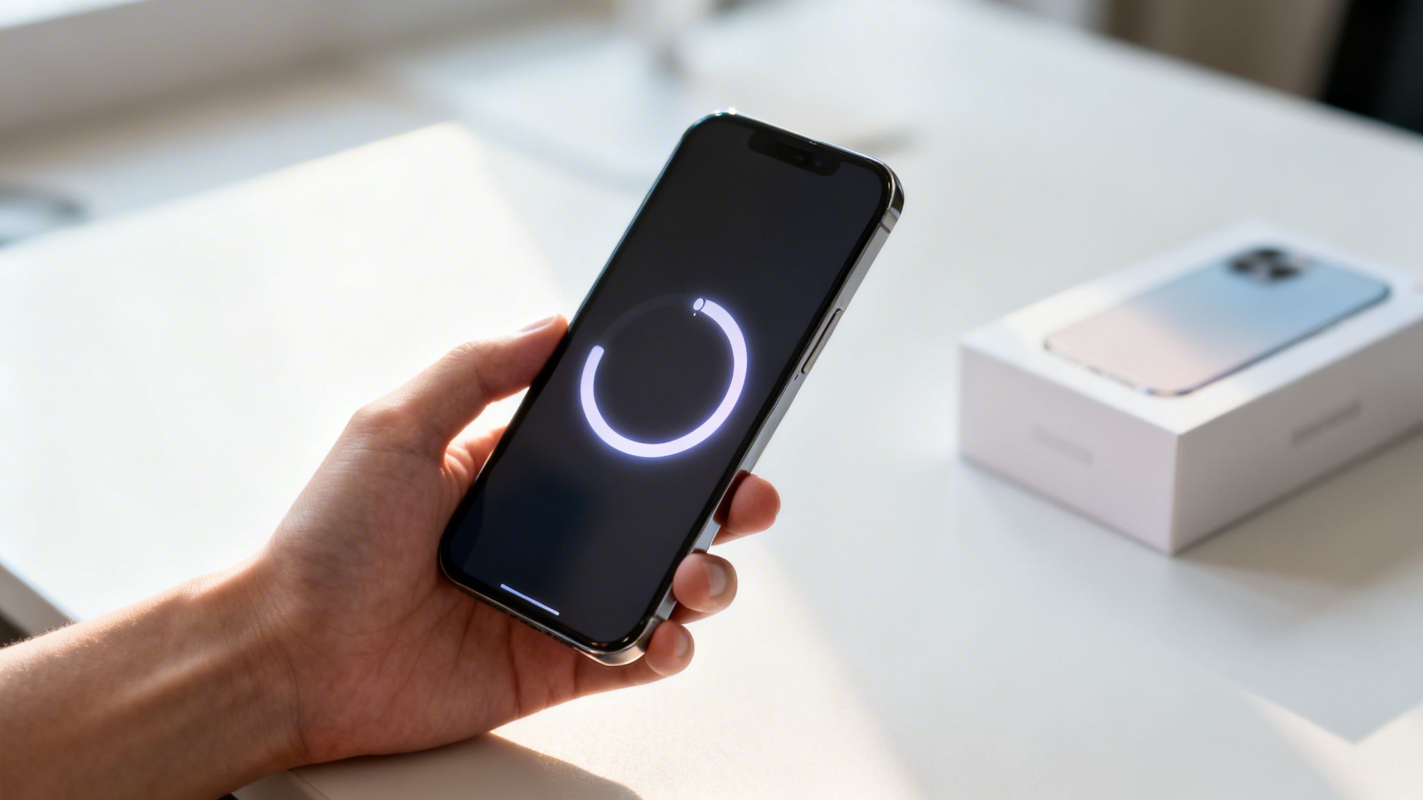 Mão segurando um smartphone com um indicador de carregamento na tela e a caixa do aparelho ao fundo.