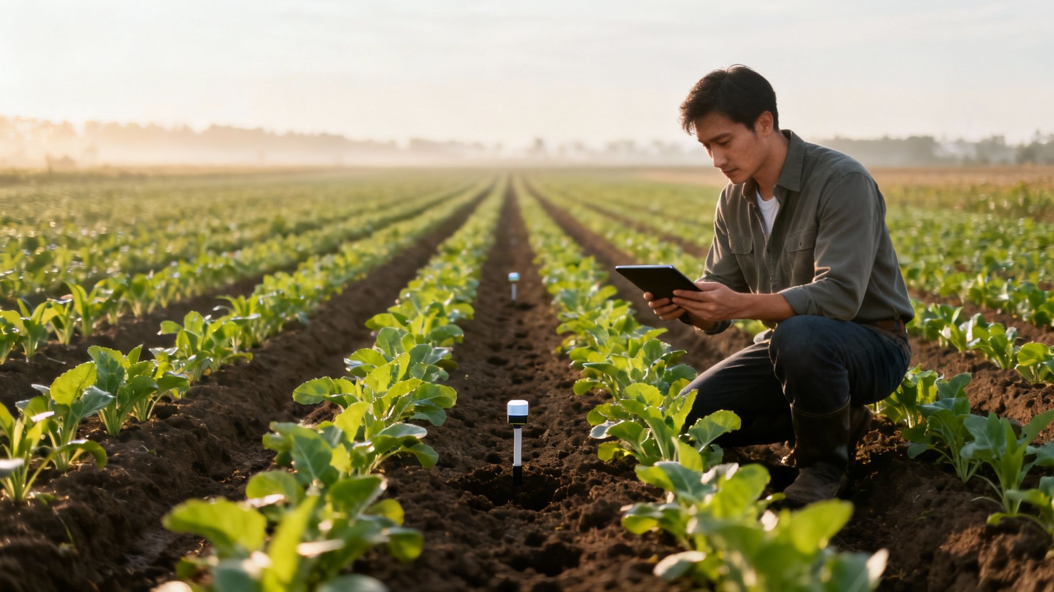Um agricultor asiático agachado num campo verdejante, usando um tablet para monitorizar dados de sensores de solo e plantas jovens.