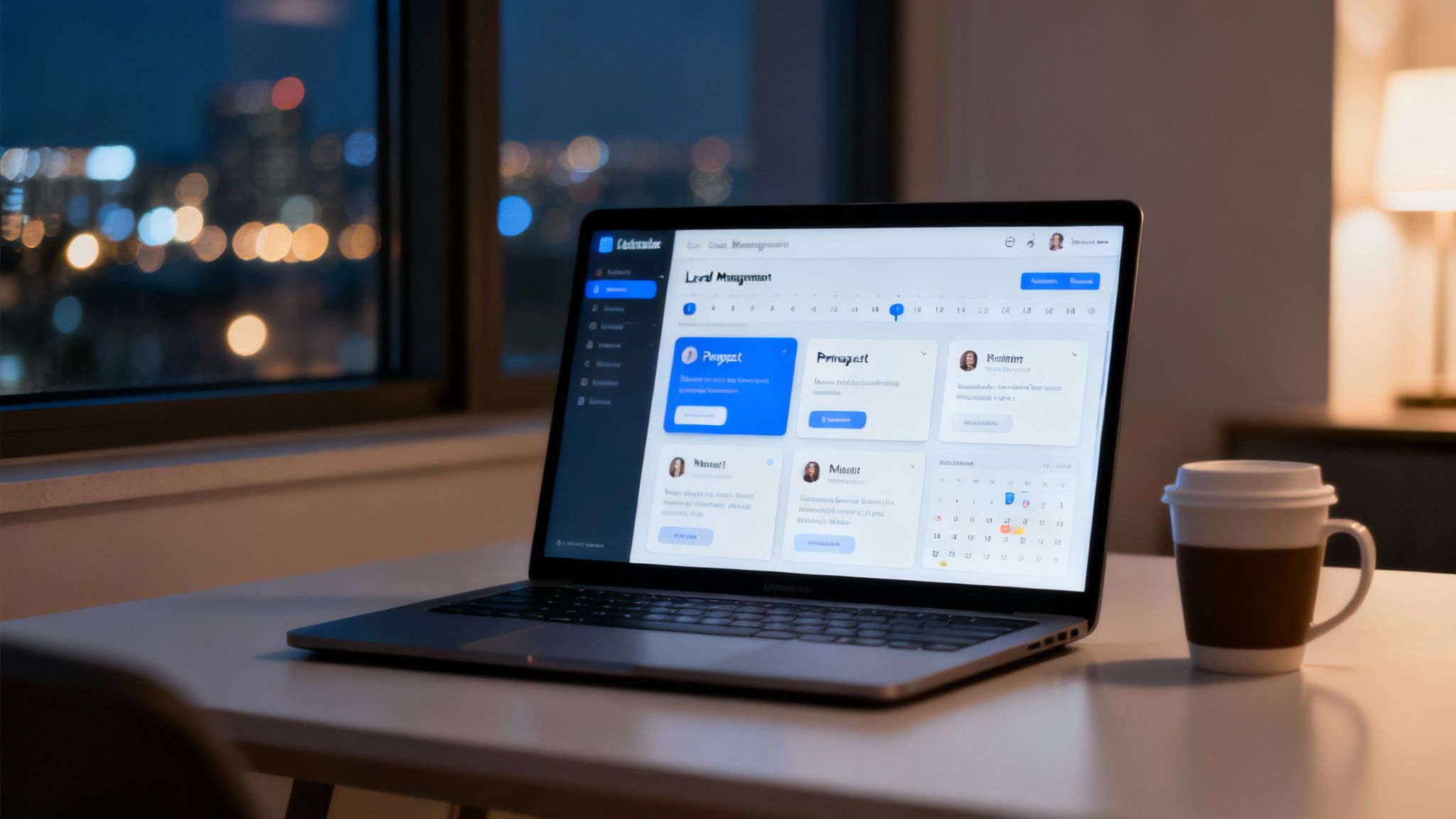 Laptop exibindo software de gerenciamento em uma mesa com café, com vista noturna da cidade.