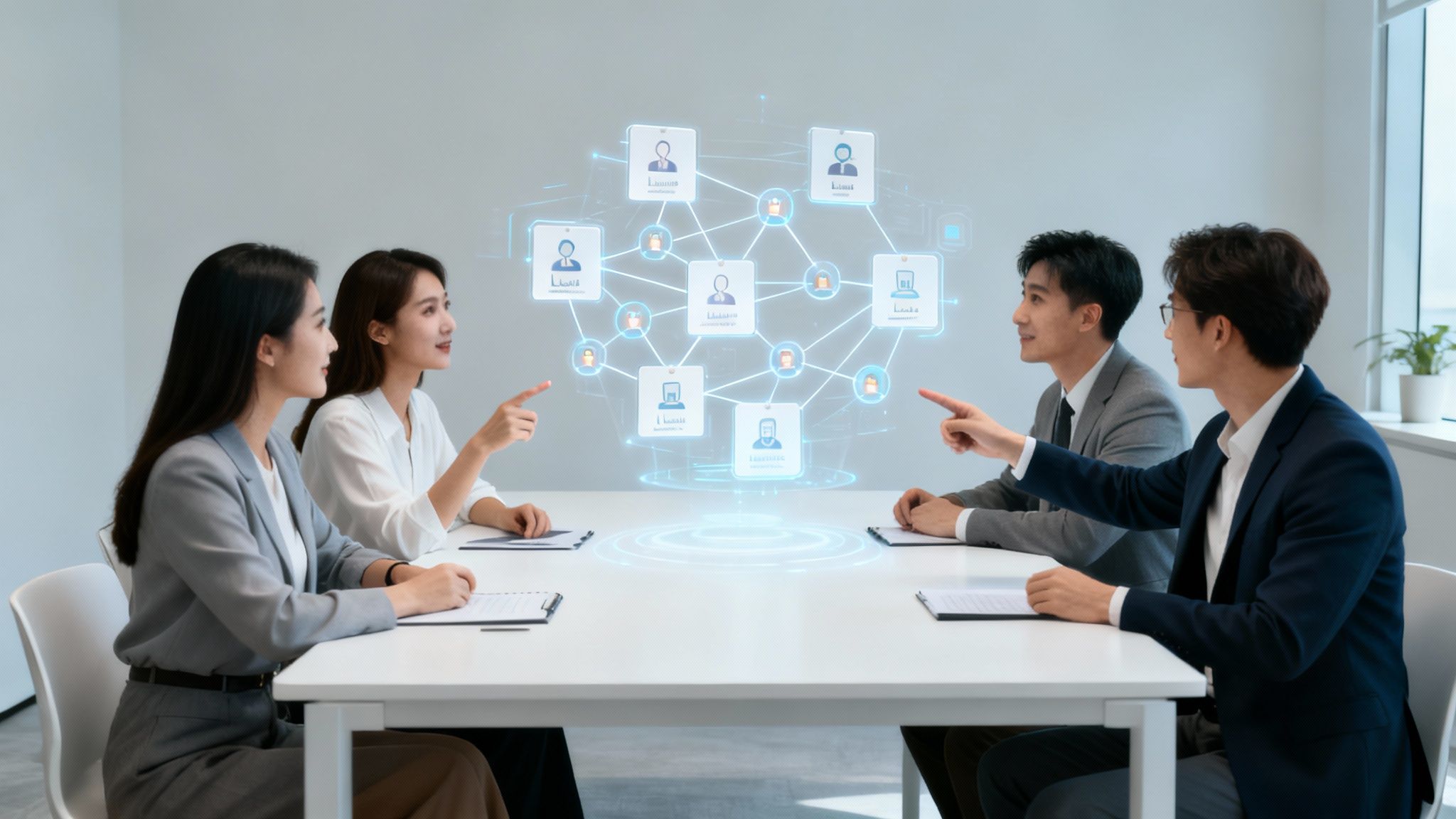 Profissionais de negócios asiáticos discutindo estratégia digital com uma projeção holográfica interativa em uma sala de reunião.