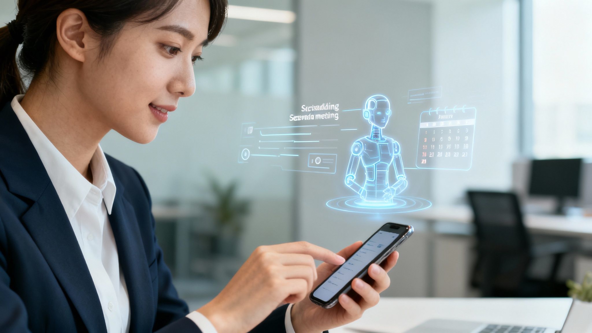 Jovem mulher de negócios usando smartphone com assistente de IA holográfico para agendar uma reunião no escritório.