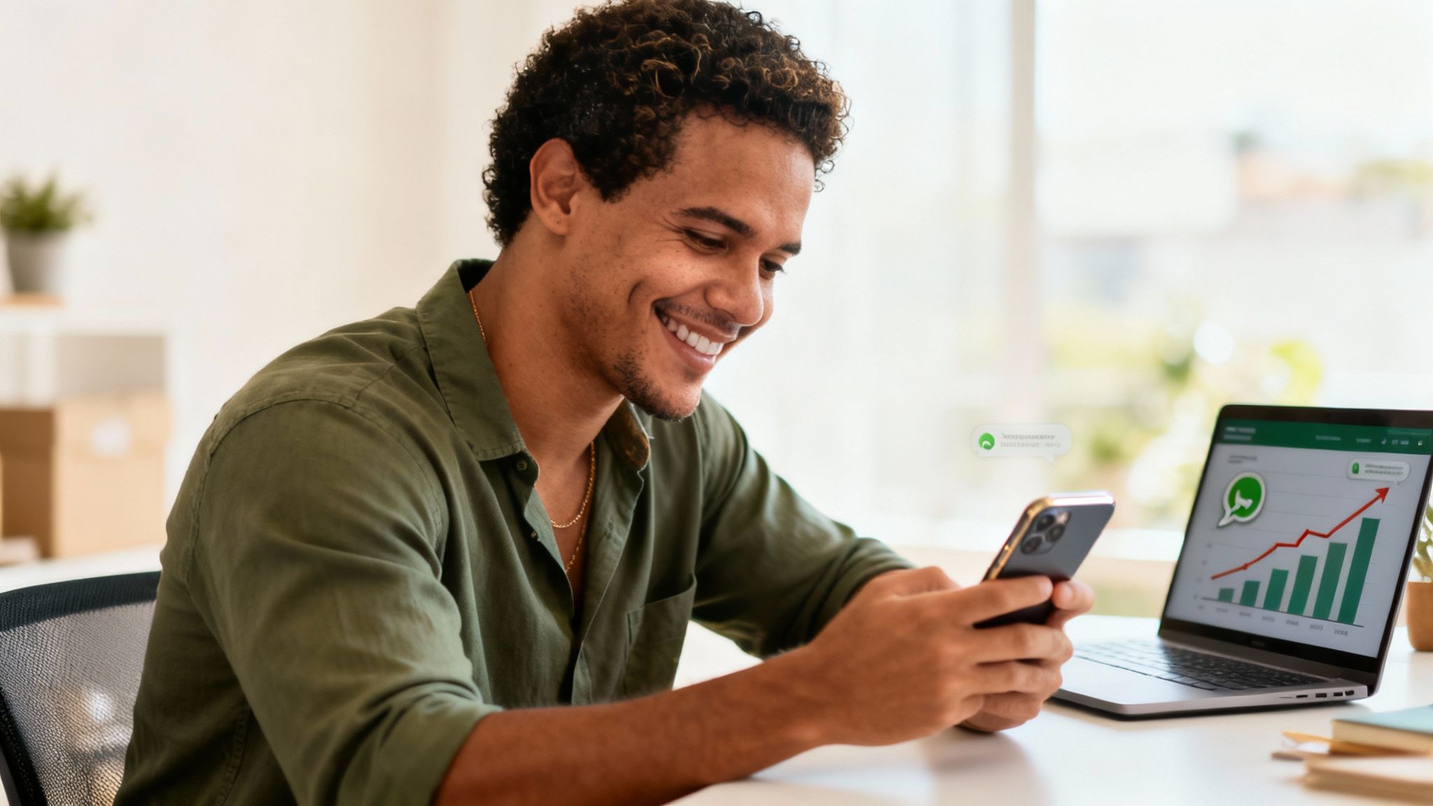 Jovem sorridente olhando o celular, com laptop exibindo um gráfico de crescimento do WhatsApp e mensagens.