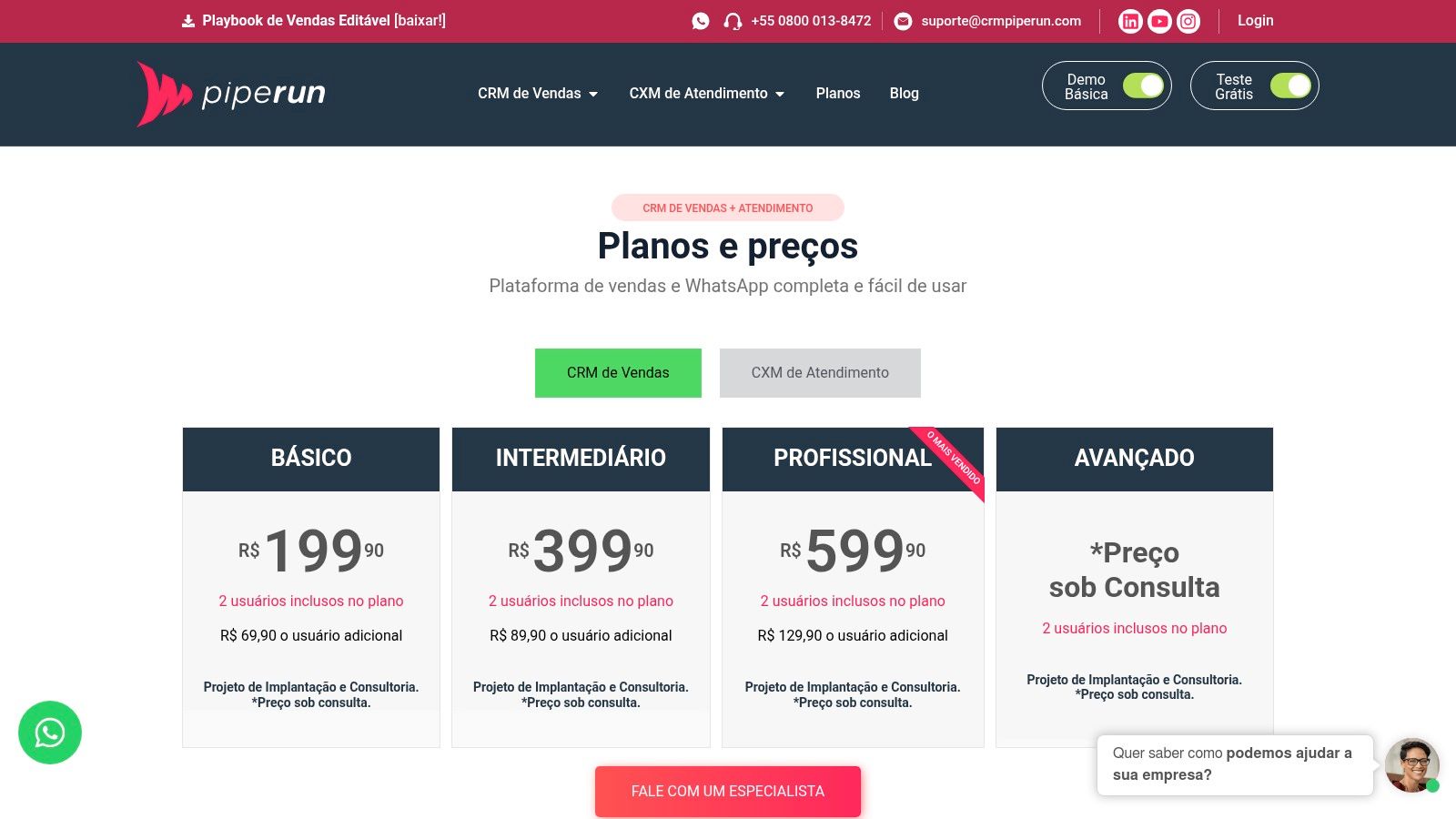 Interface do PipeRun CRM mostrando seus planos