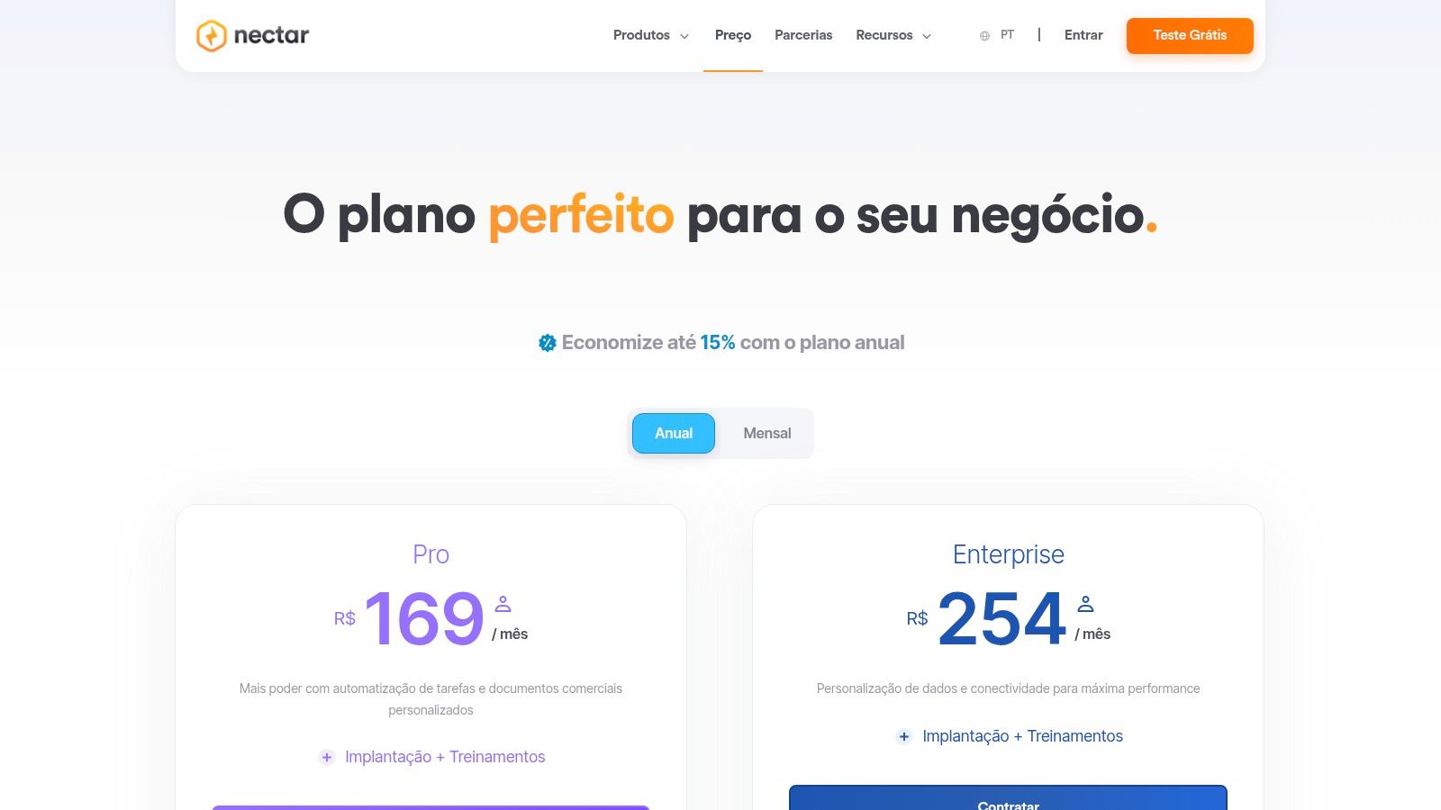 Screenshot da interface do NectarCRM mostrando a página de preços