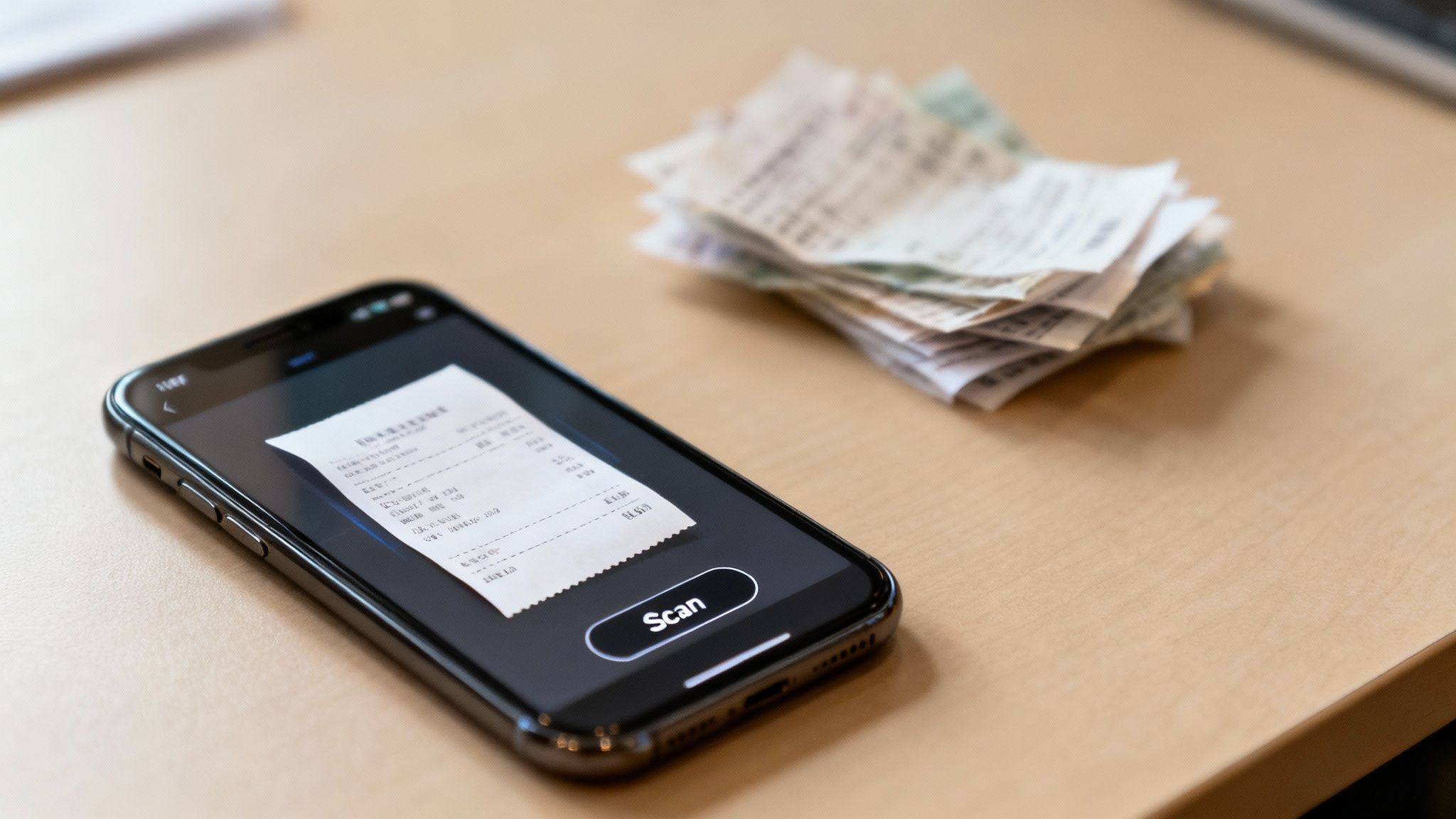 A smartphone displays a digital receipt with a 'Scan' button, next to a stack of paper receipts on a table.